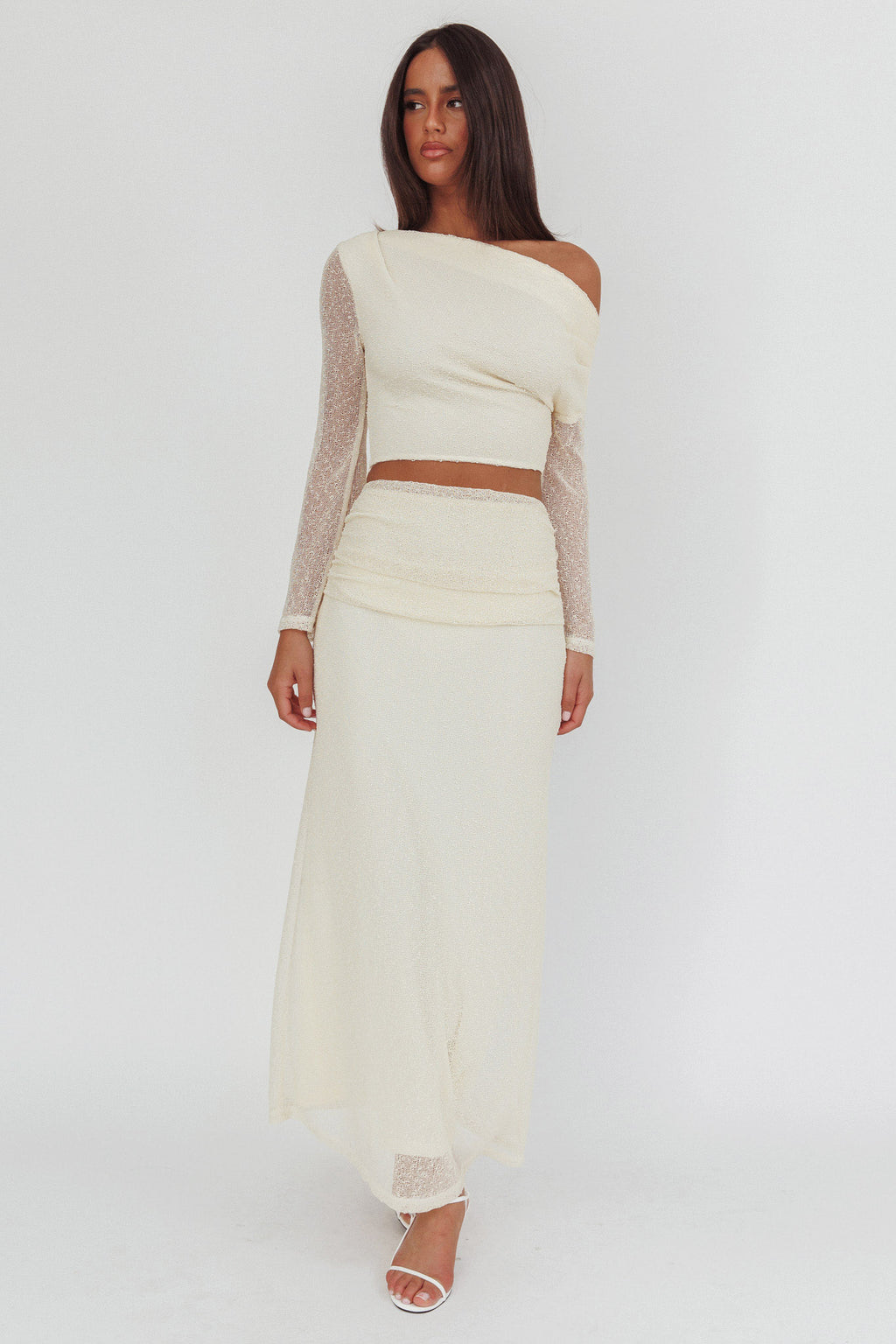 Alivya Ruched Side Maxi Skirt Butter by Selfie Leslie Australia