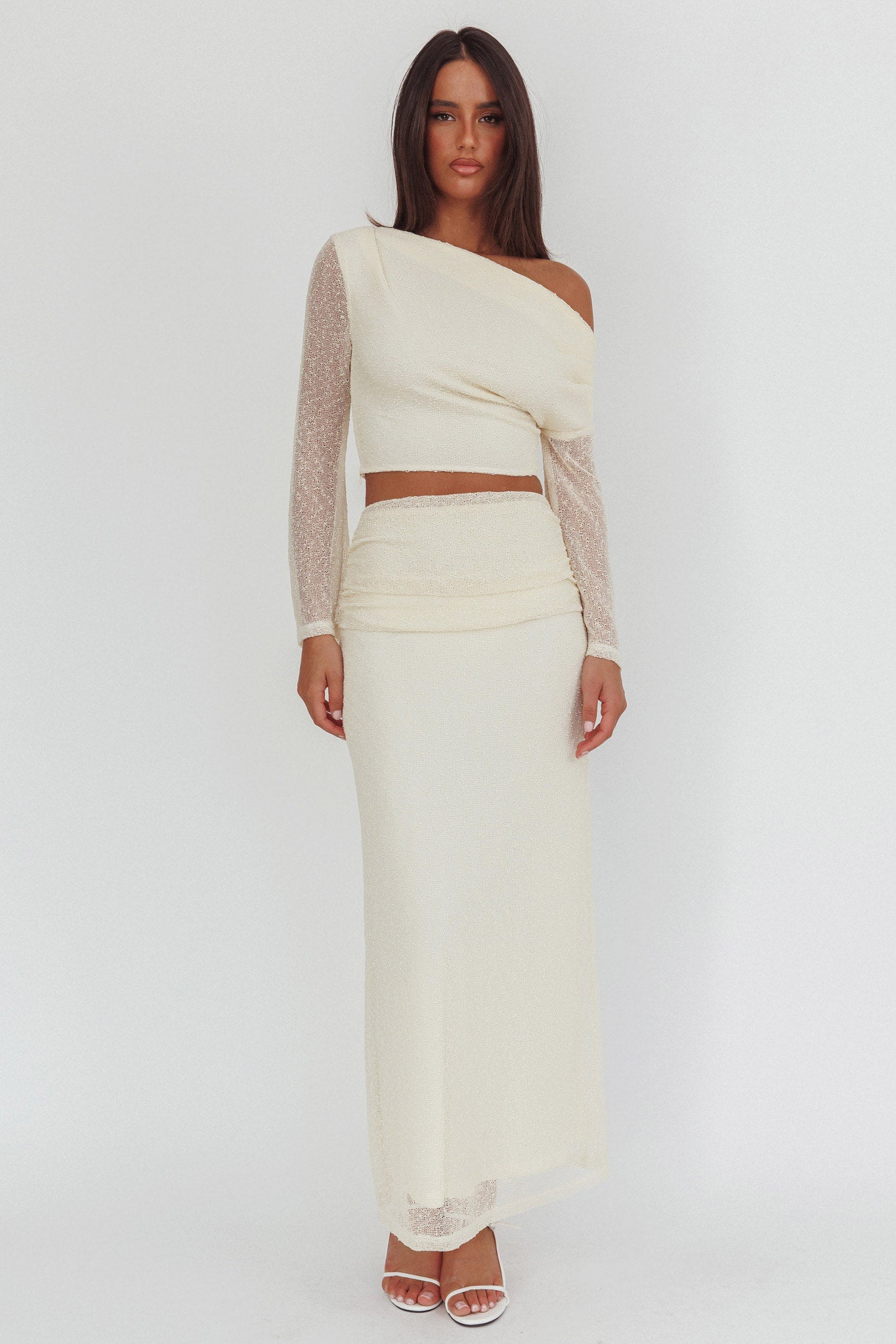 Alivya Ruched Side Maxi Skirt Butter by Selfie Leslie Australia