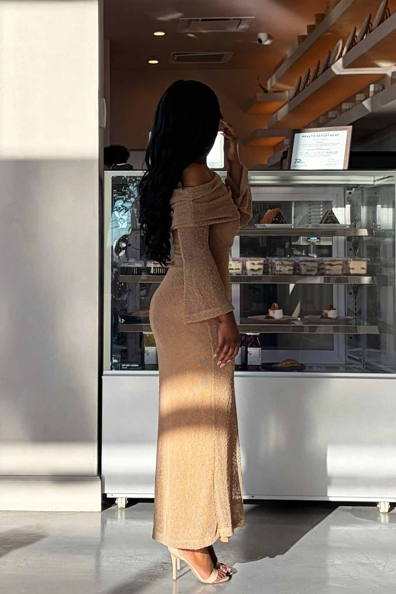 Alivya Off-Shoulder Knit Maxi Dress Mocha by Selfie Leslie Australia