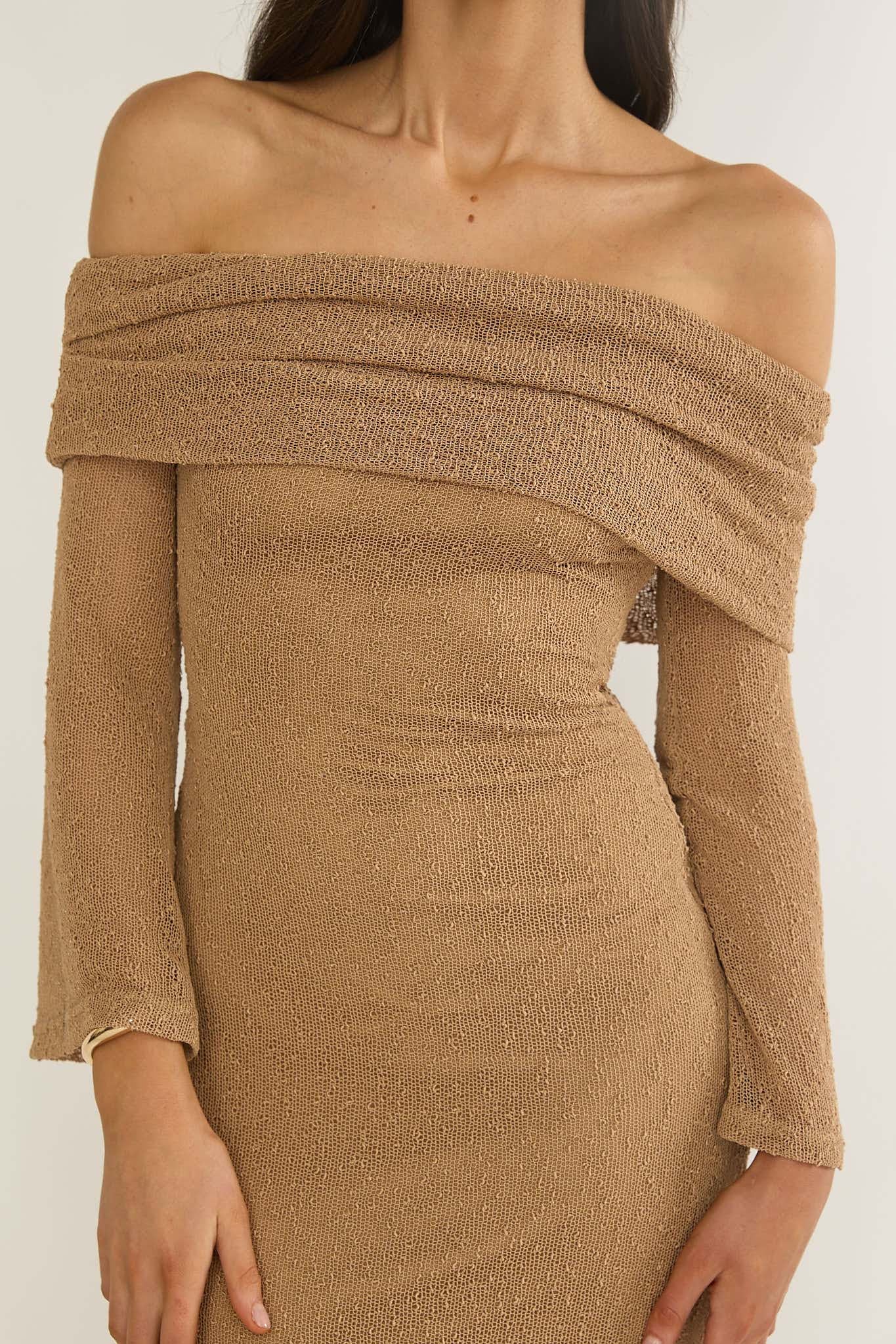 Alivya Off-Shoulder Knit Maxi Dress Mocha by Selfie Leslie Australia