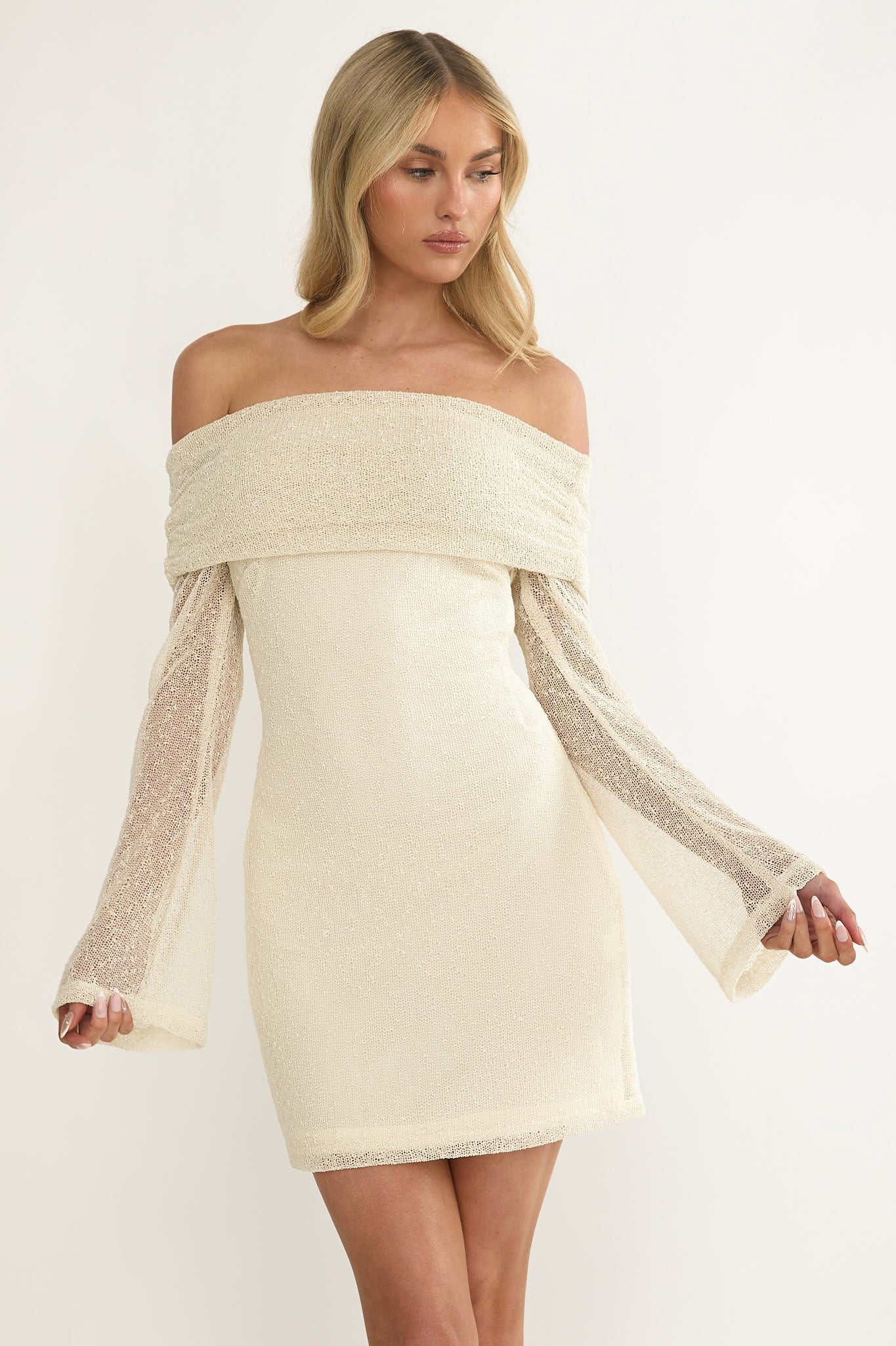 Alivya Off-Shoulder Knit Mini Dress Butter by Selfie Leslie Australia