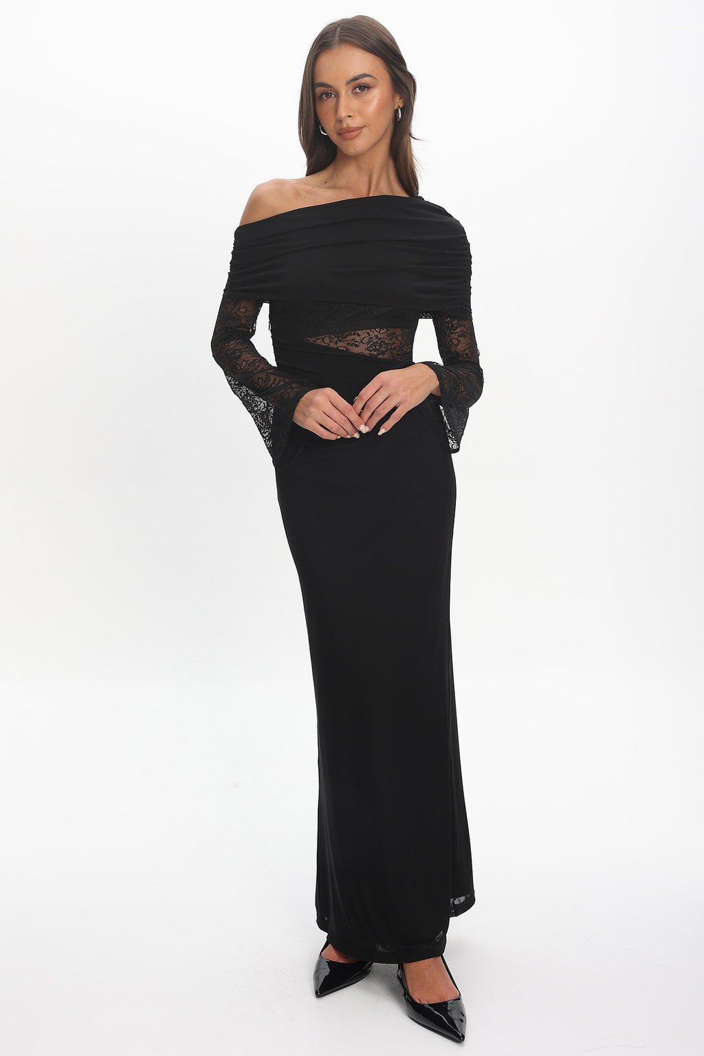 Alivya Asymmetric Neckline Lace Trim Maxi Dress Black by Selfie Leslie Australia