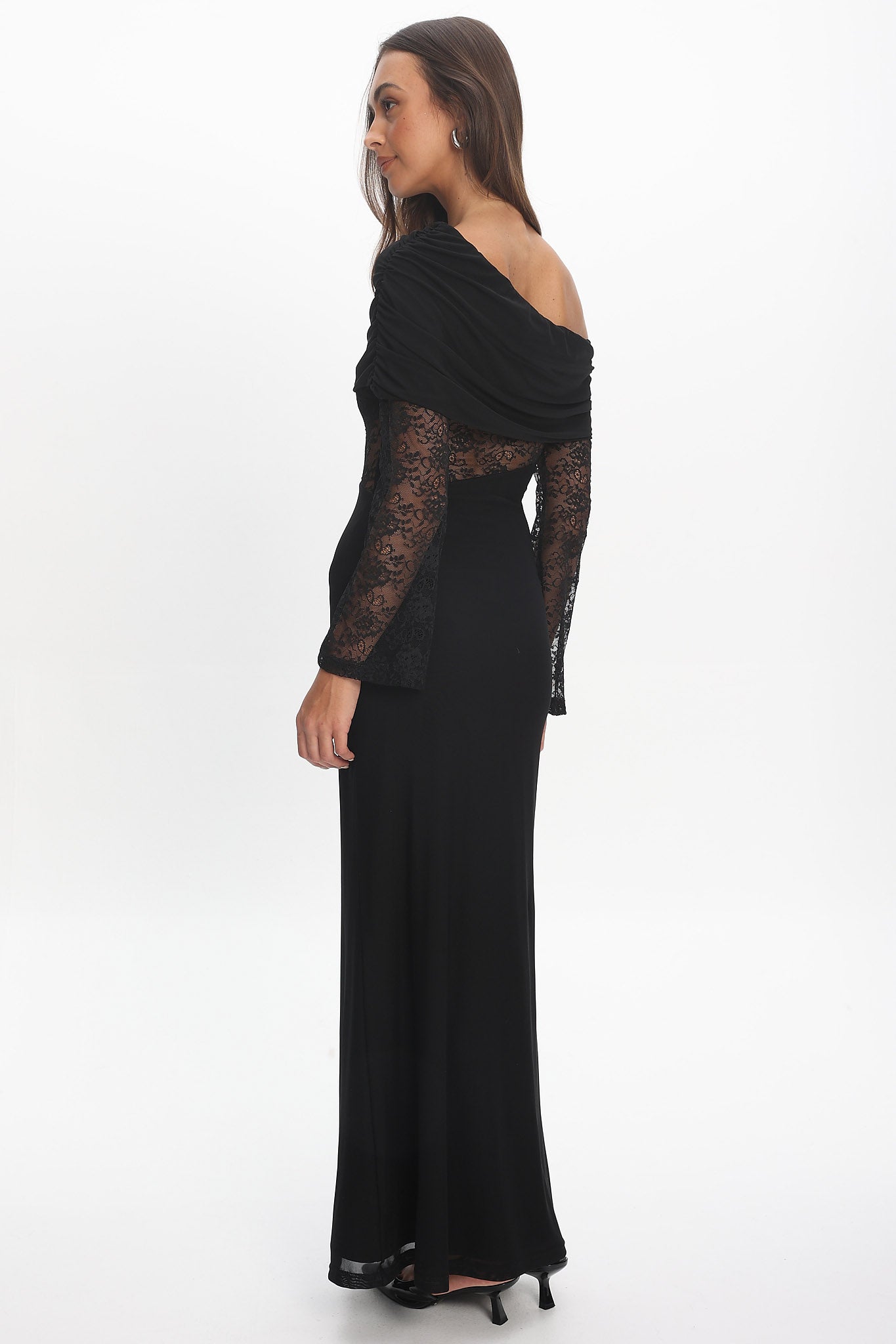 Alivya Asymmetric Neckline Lace Trim Maxi Dress Black by Selfie Leslie Australia