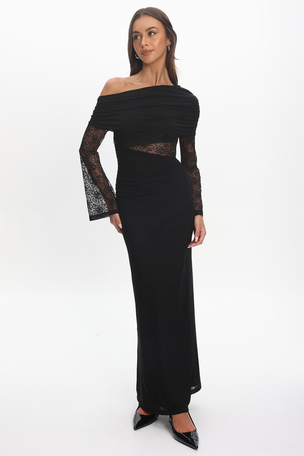 Alivya Asymmetric Neckline Lace Trim Maxi Dress Black by Selfie Leslie Australia
