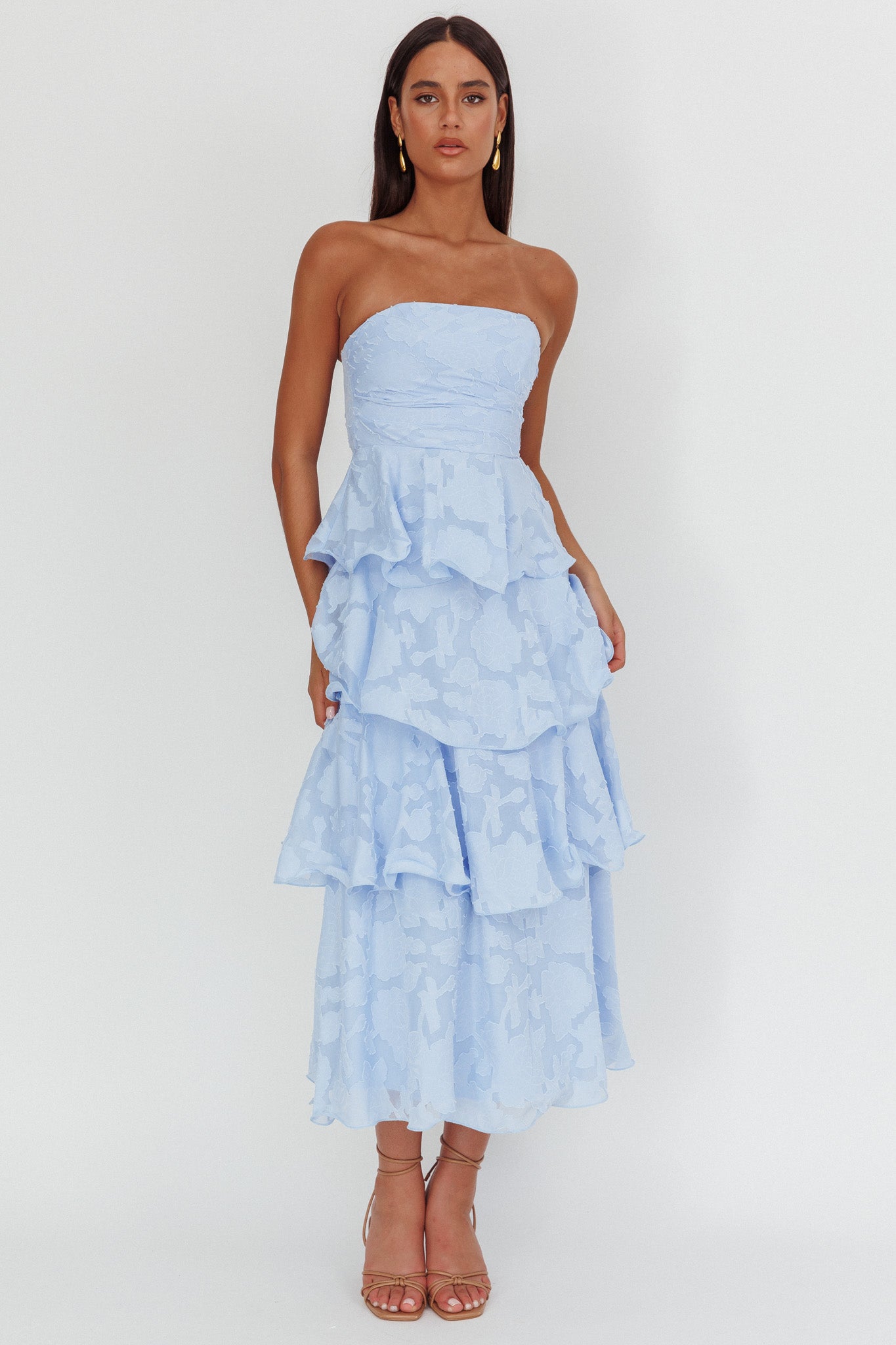 Giavana Strapless Layered Midi Dress Floral Embossed Blue by Selfie Leslie Australia