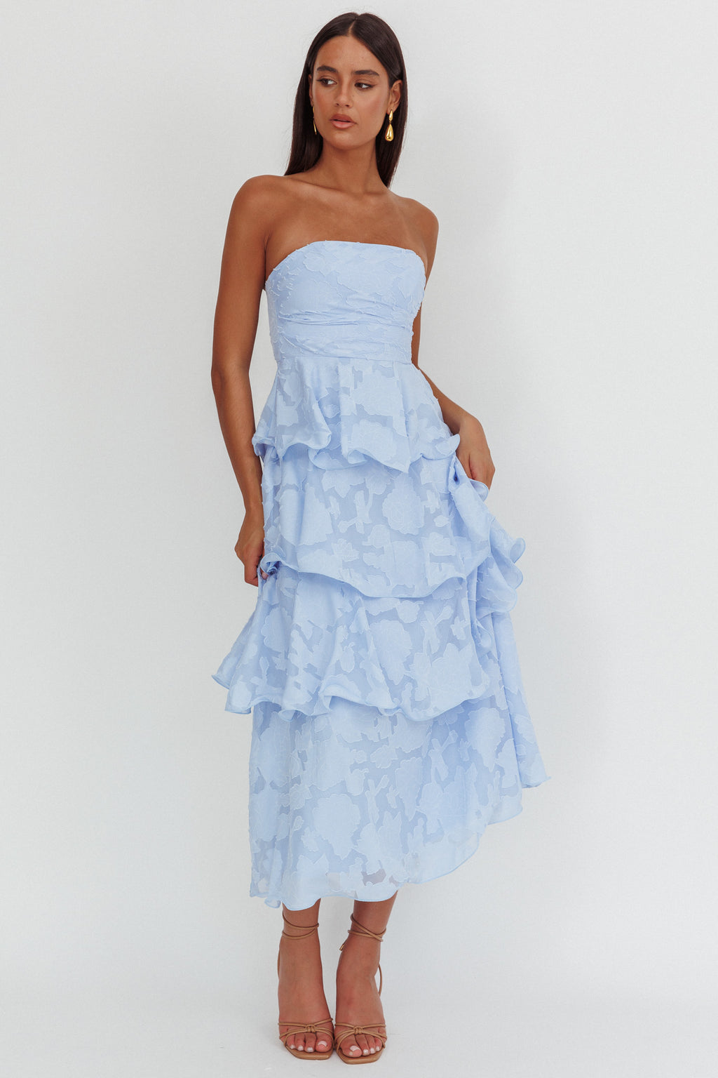 Giavana Strapless Layered Midi Dress Floral Embossed Blue by Selfie Leslie Australia