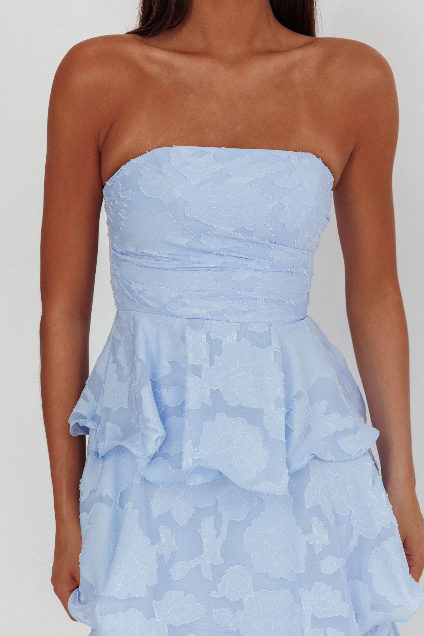 Giavana Strapless Layered Midi Dress Floral Embossed Blue by Selfie Leslie Australia
