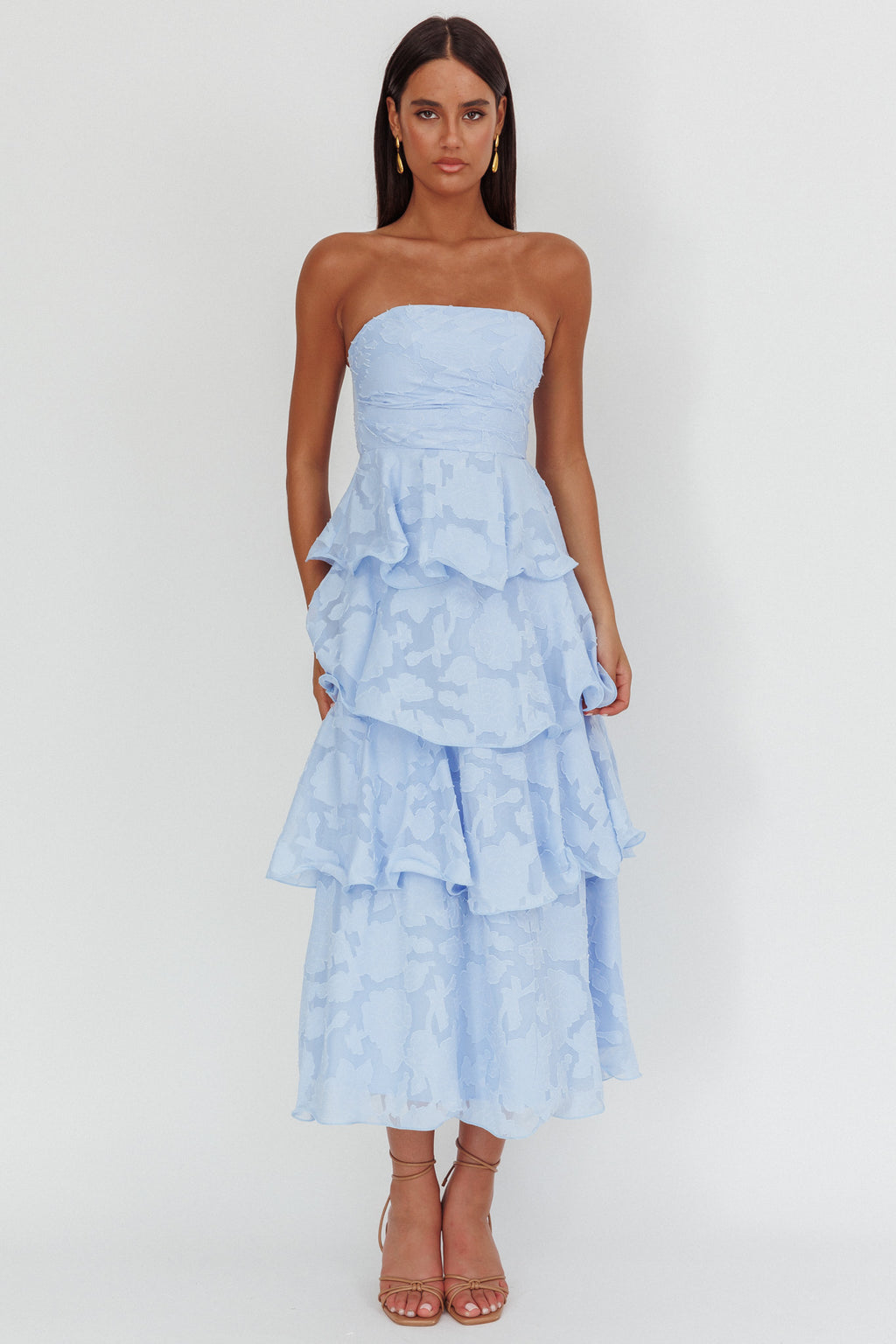 Giavana Strapless Layered Midi Dress Floral Embossed Blue by Selfie Leslie Australia