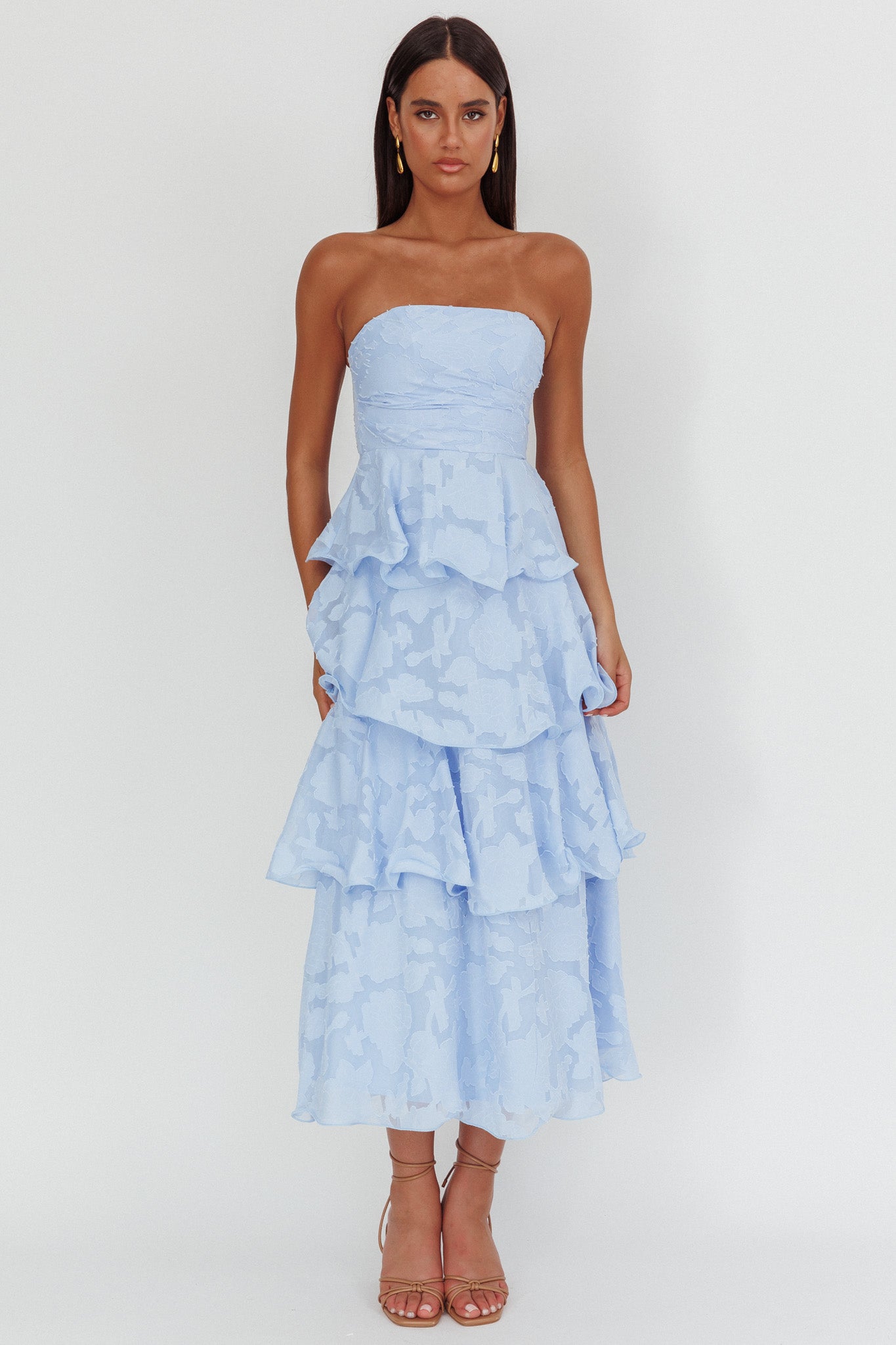 Giavana Strapless Layered Midi Dress Floral Embossed Blue by Selfie Leslie Australia