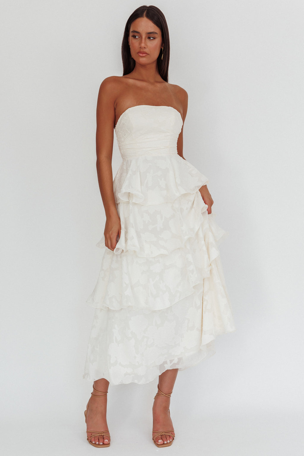 Giavana Strapless Layered Midi Dress Floral Embossed Cream by Selfie Leslie Australia