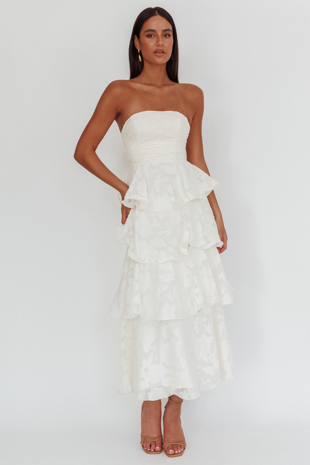 Giavana Strapless Layered Midi Dress Floral Embossed Cream by Selfie Leslie Australia