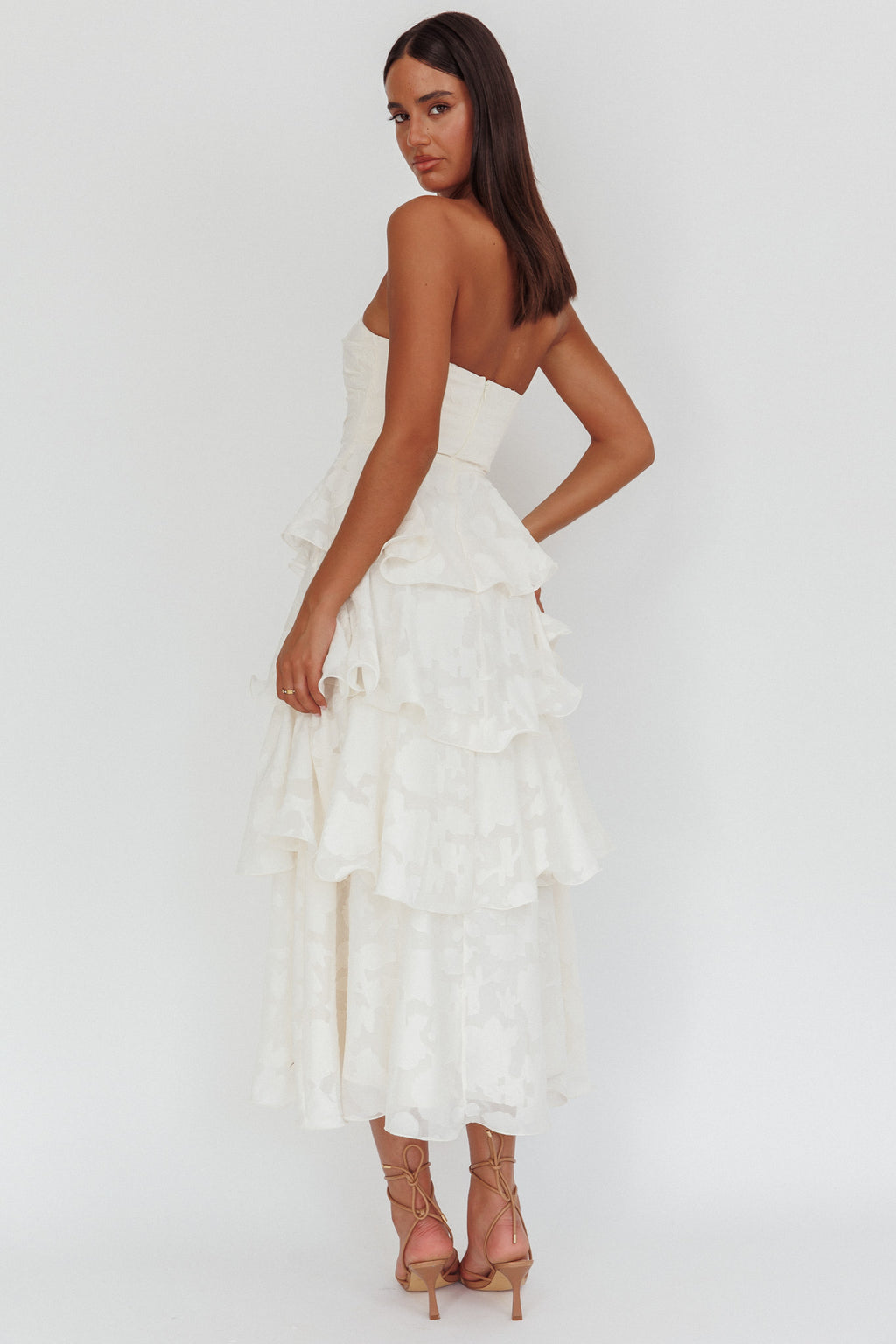 Giavana Strapless Layered Midi Dress Floral Embossed Cream by Selfie Leslie Australia