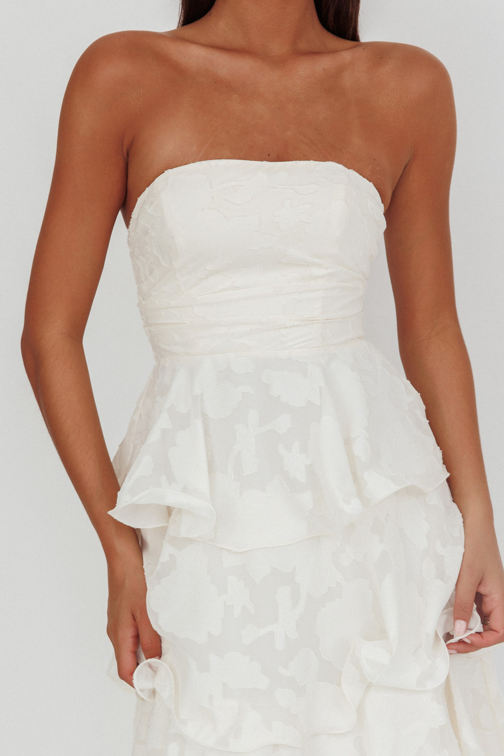 Giavana Strapless Layered Midi Dress Floral Embossed Cream by Selfie Leslie Australia