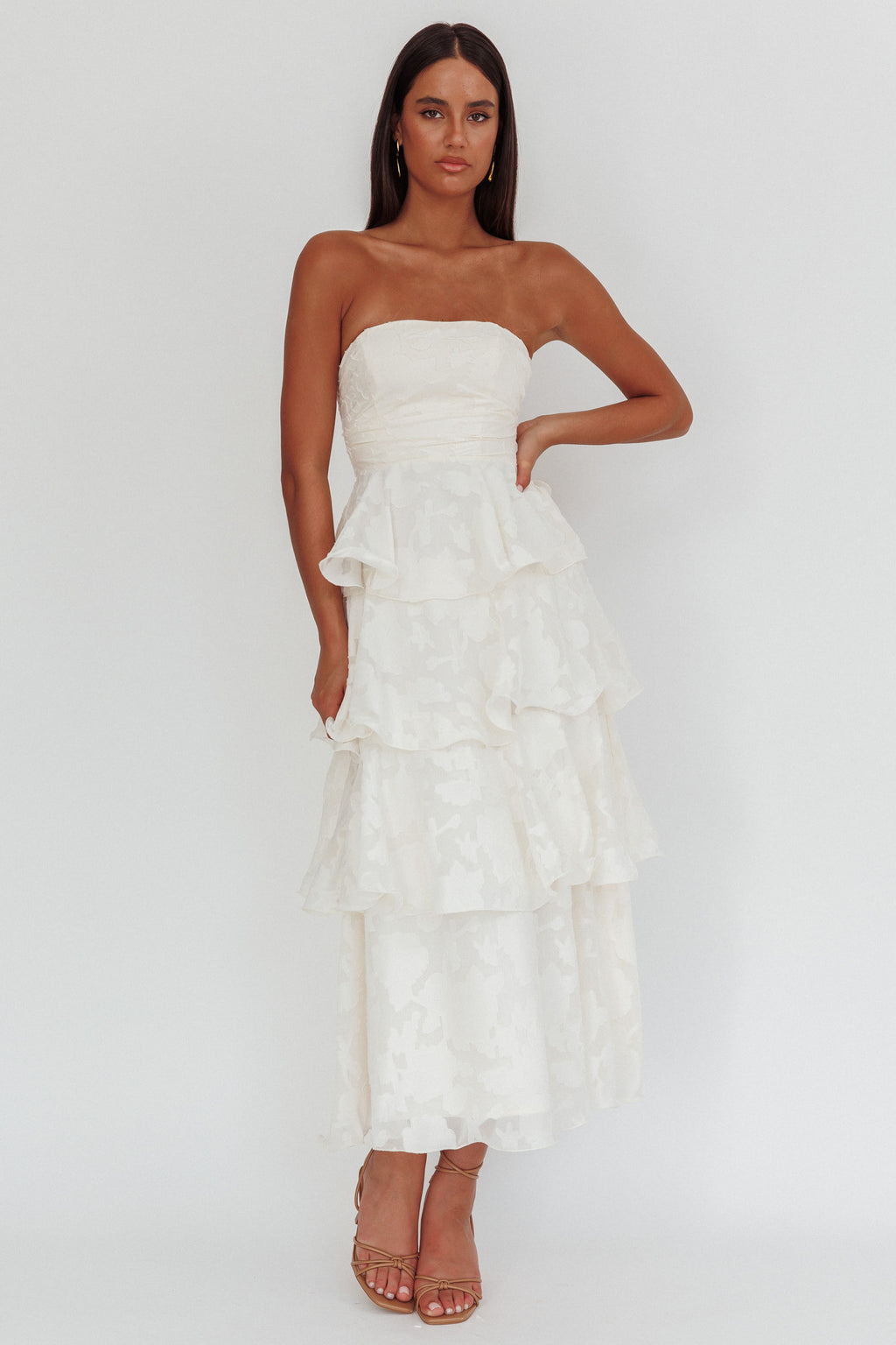 Giavana Strapless Layered Midi Dress Floral Embossed Cream by Selfie Leslie Australia