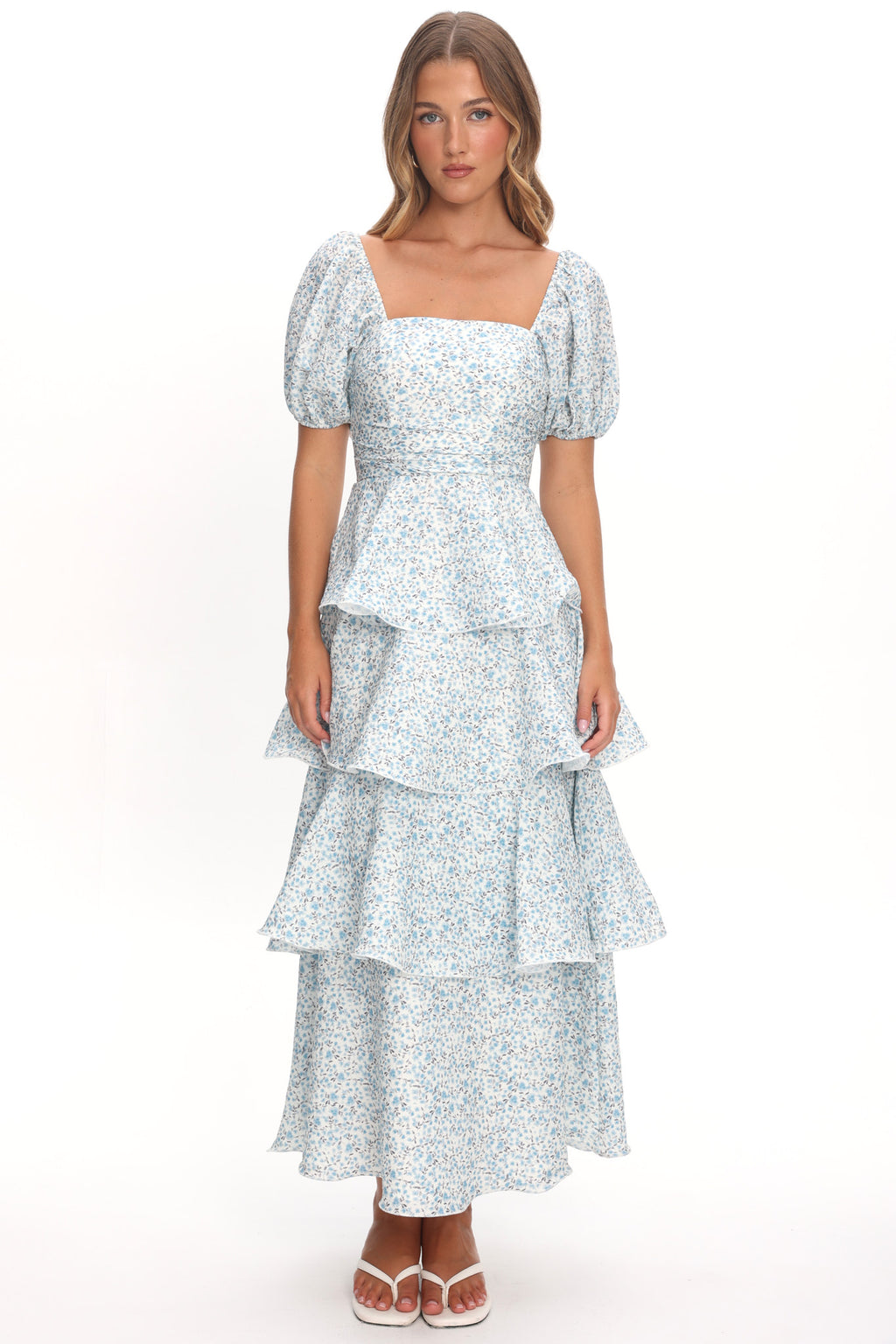 Giavana Puff Sleeve Layered Maxi Dress Floral Blue by Selfie Leslie Australia