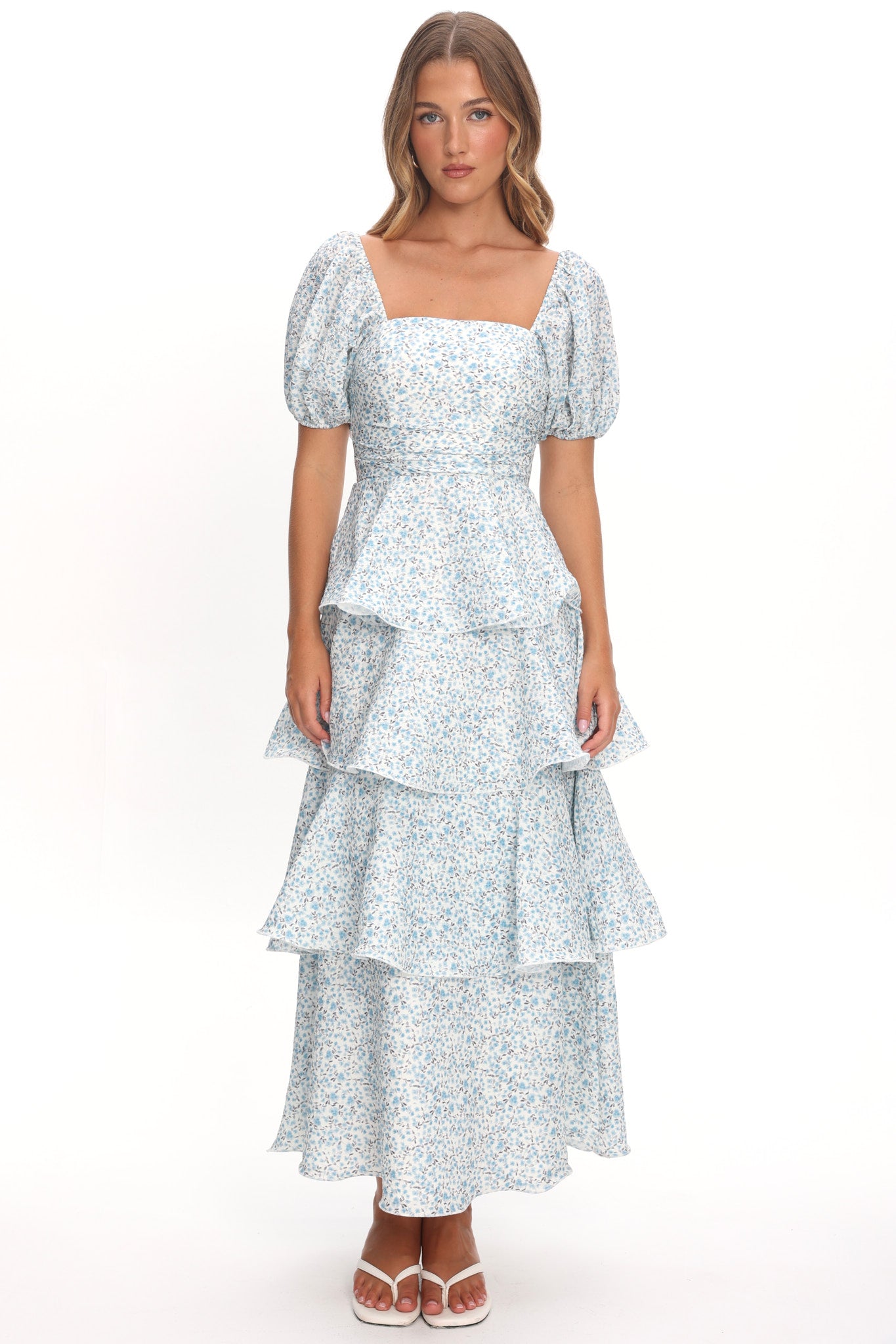 Giavana Puff Sleeve Layered Maxi Dress Floral Blue by Selfie Leslie Australia
