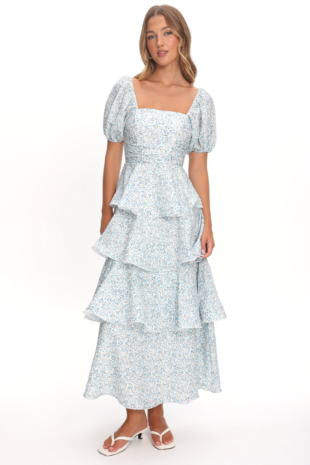 Giavana Puff Sleeve Layered Maxi Dress Floral Blue by Selfie Leslie Australia