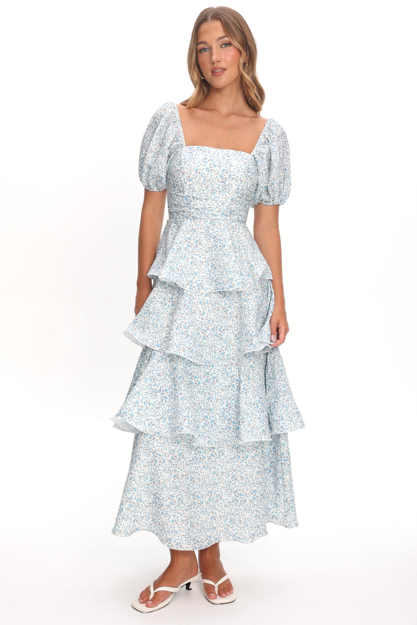 Giavana Puff Sleeve Layered Maxi Dress Floral Blue by Selfie Leslie Australia