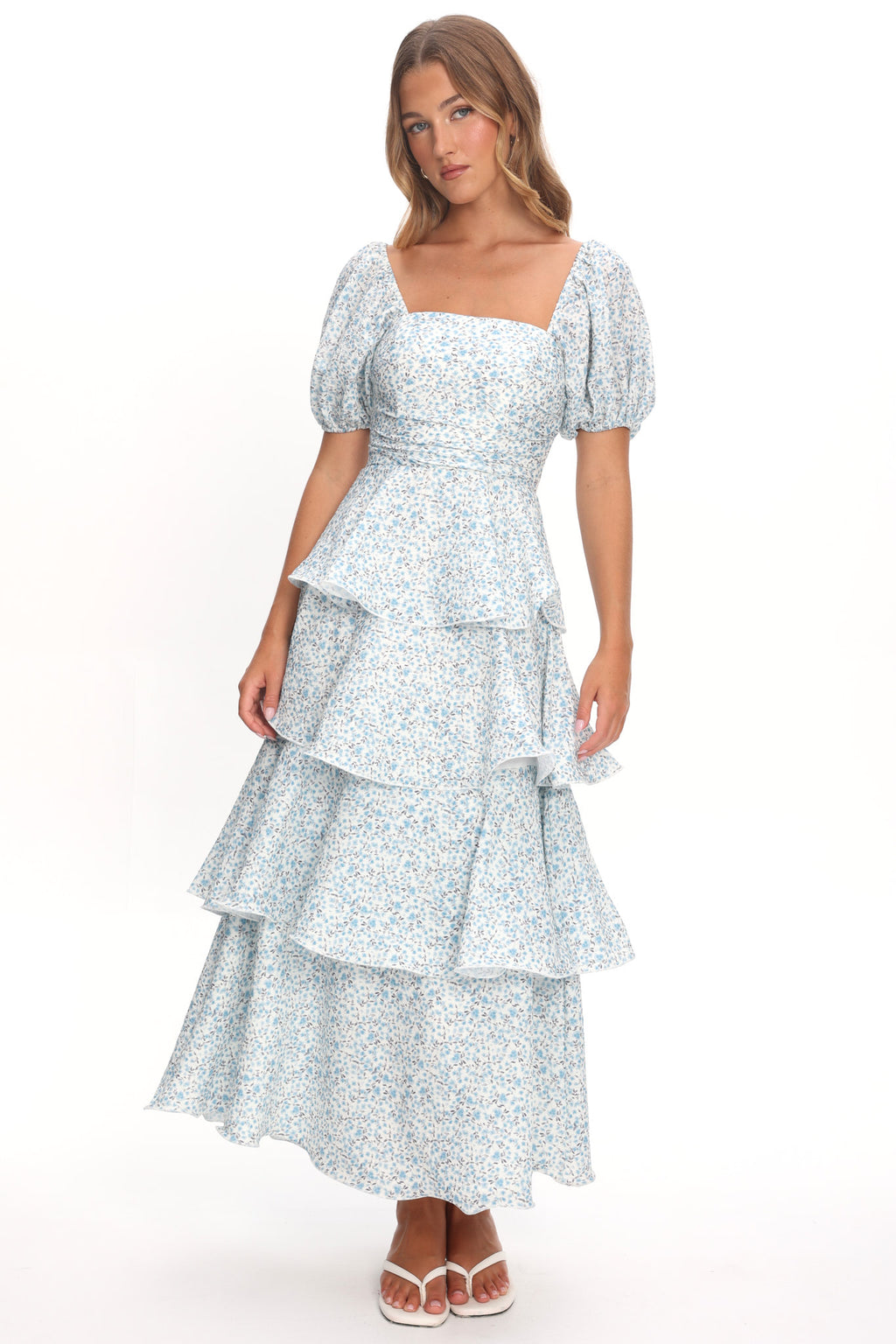 Giavana Puff Sleeve Layered Maxi Dress Floral Blue by Selfie Leslie Australia