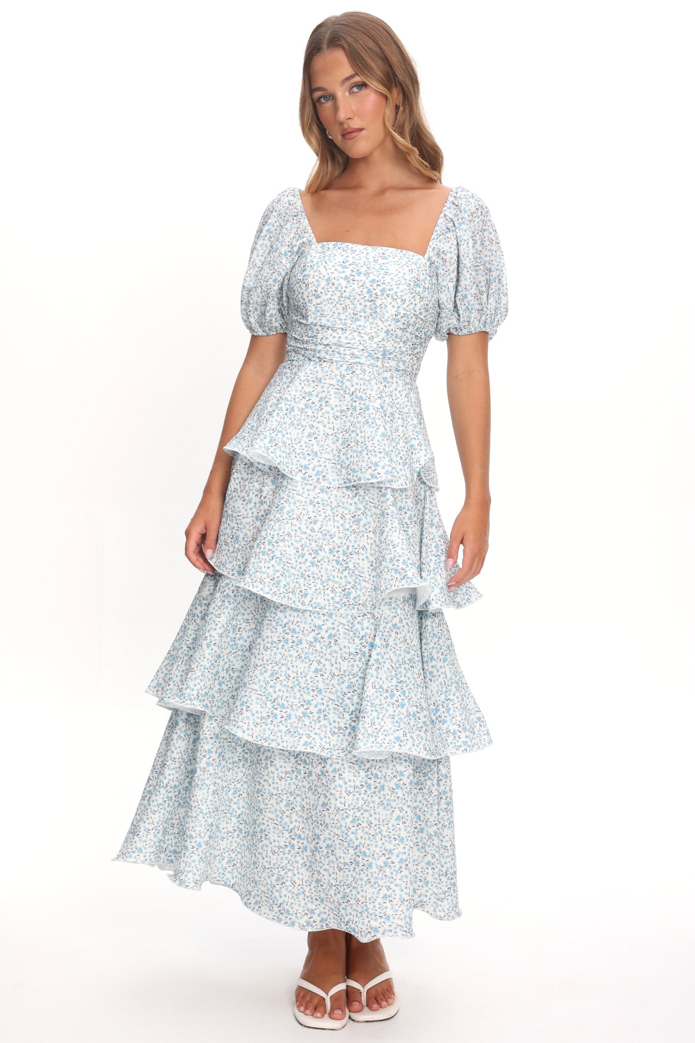 Giavana Puff Sleeve Layered Maxi Dress Floral Blue by Selfie Leslie Australia