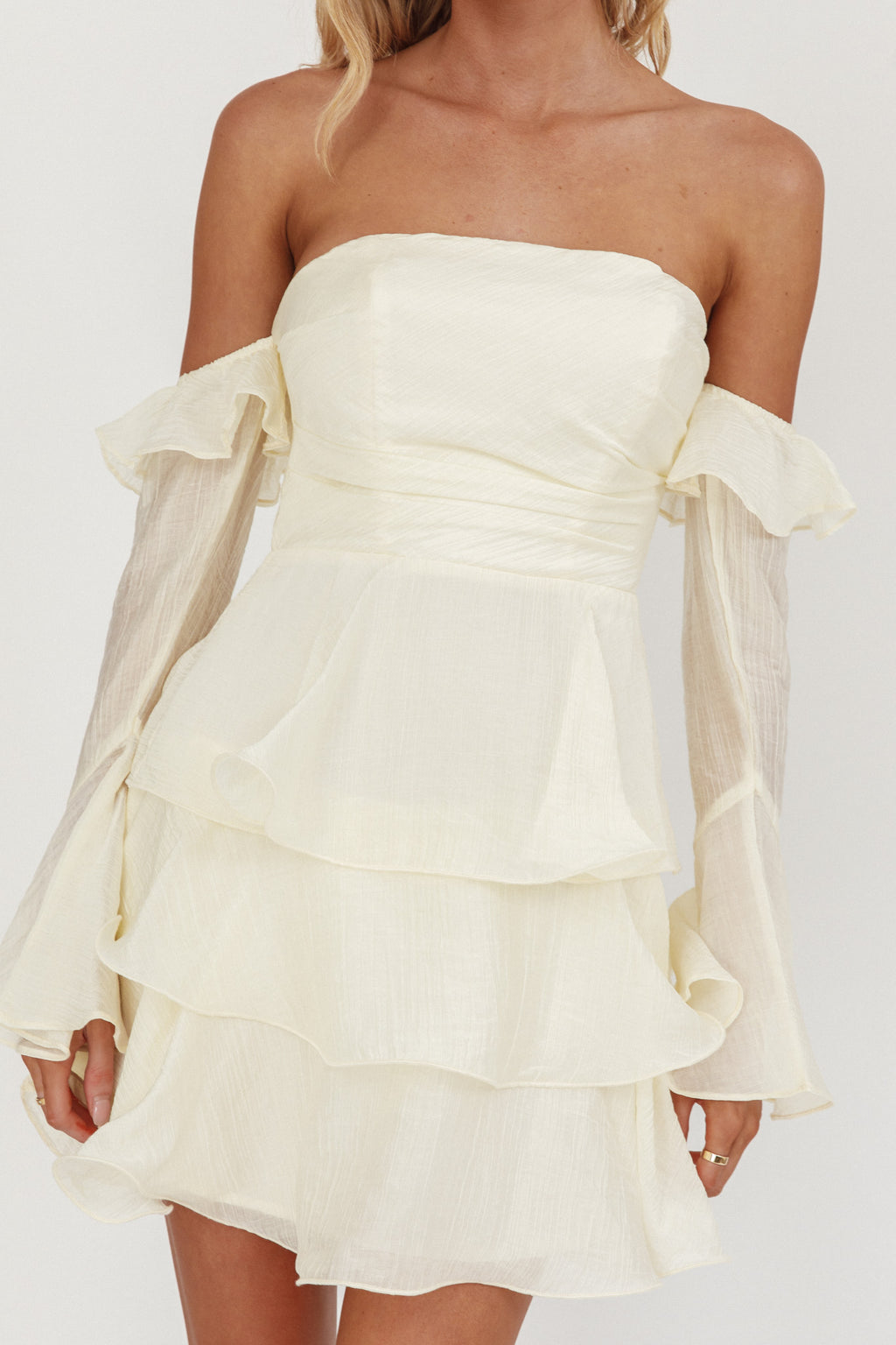 Giavana Off-Shoulder Layered Mini Dress Cream by Selfie Leslie Australia