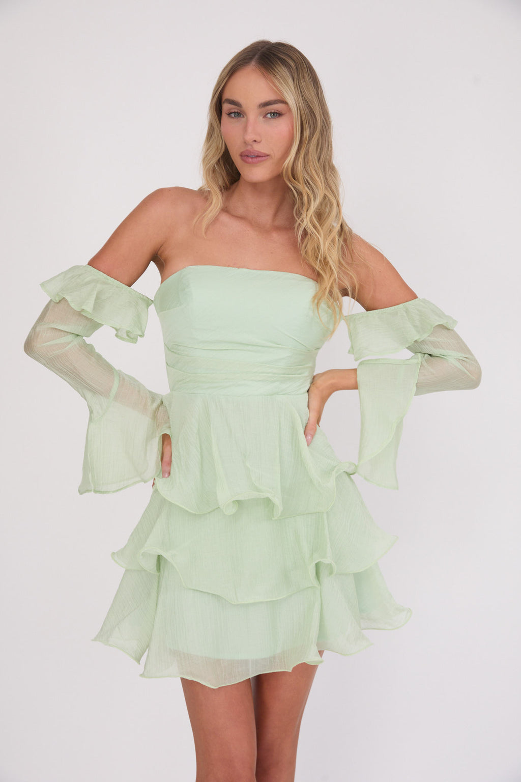 Giavana Off-Shoulder Layered Mini Dress Sage by Selfie Leslie Australia