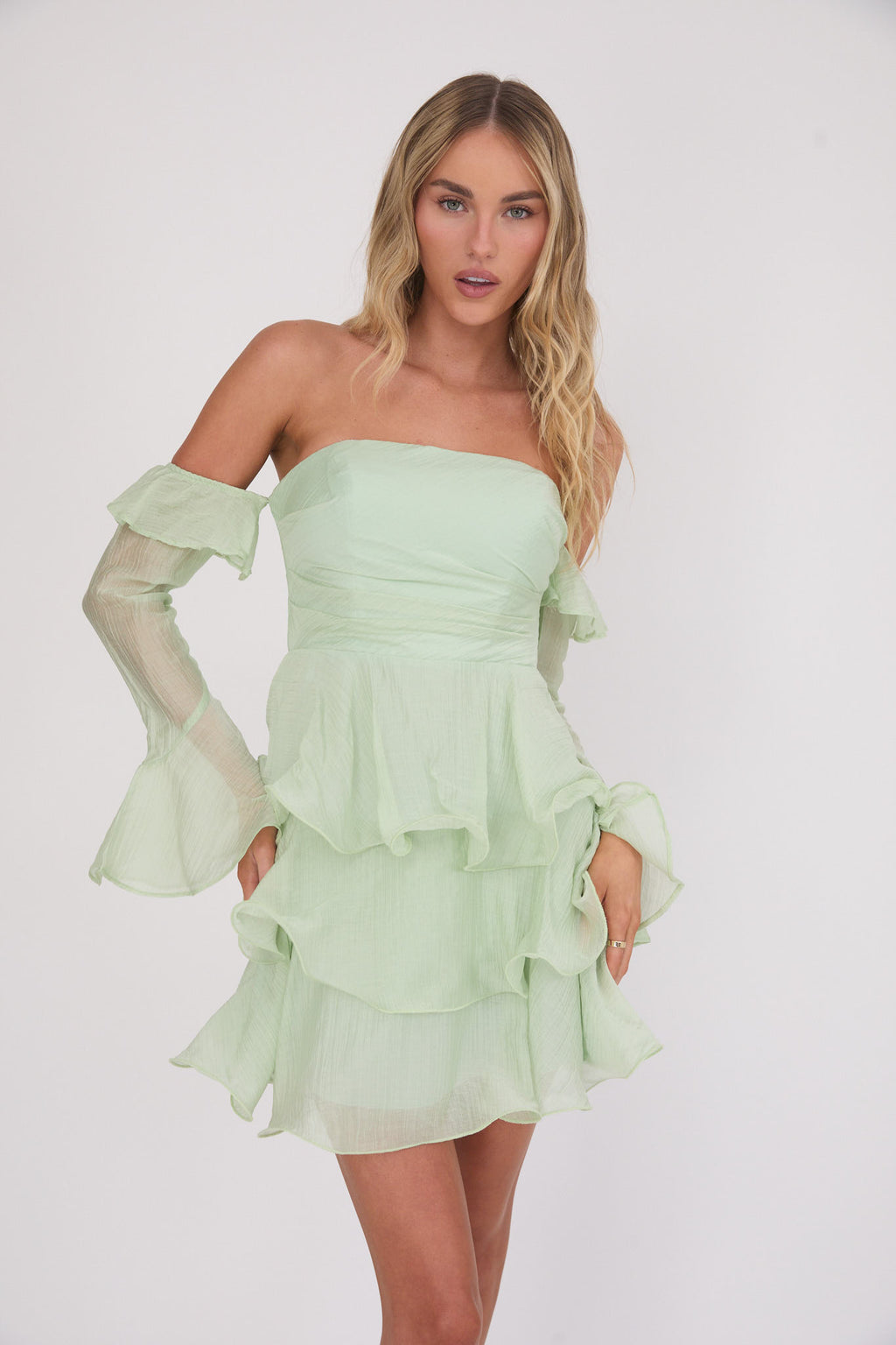 Giavana Off-Shoulder Layered Mini Dress Sage by Selfie Leslie Australia