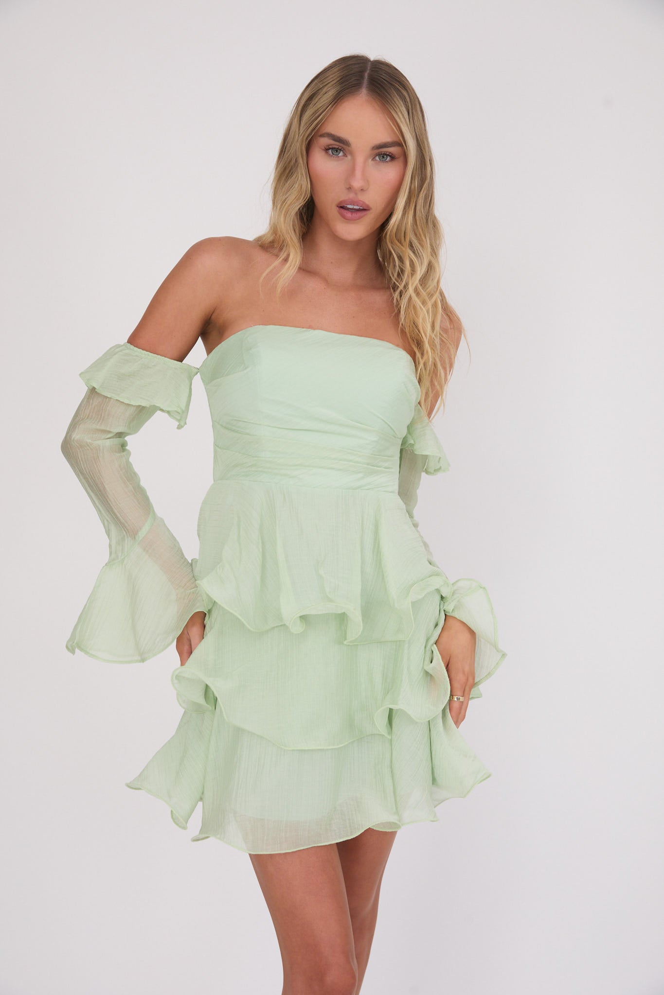 Giavana Off-Shoulder Layered Mini Dress Sage by Selfie Leslie Australia