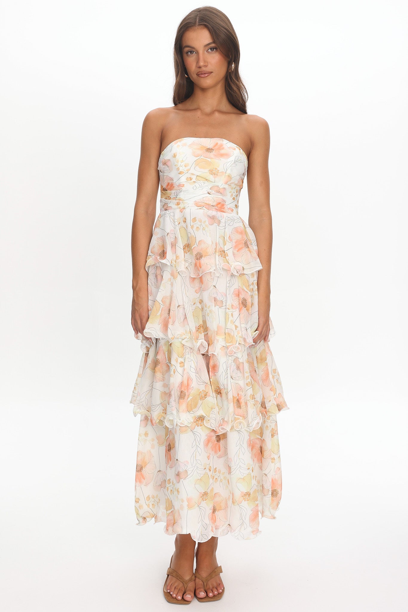 Giavana Strapless Layered Midi Dress Floral Beige by Selfie Leslie Australia