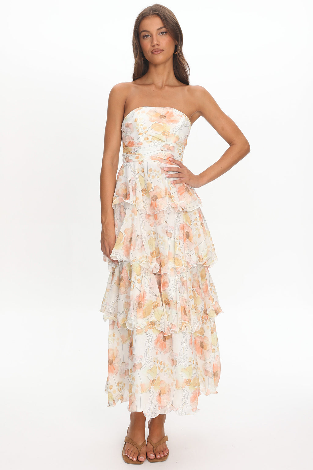Giavana Strapless Layered Midi Dress Floral Beige by Selfie Leslie Australia