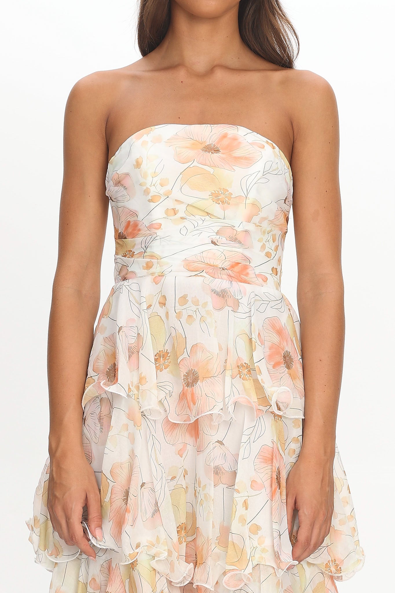 Giavana Strapless Layered Midi Dress Floral Beige by Selfie Leslie Australia