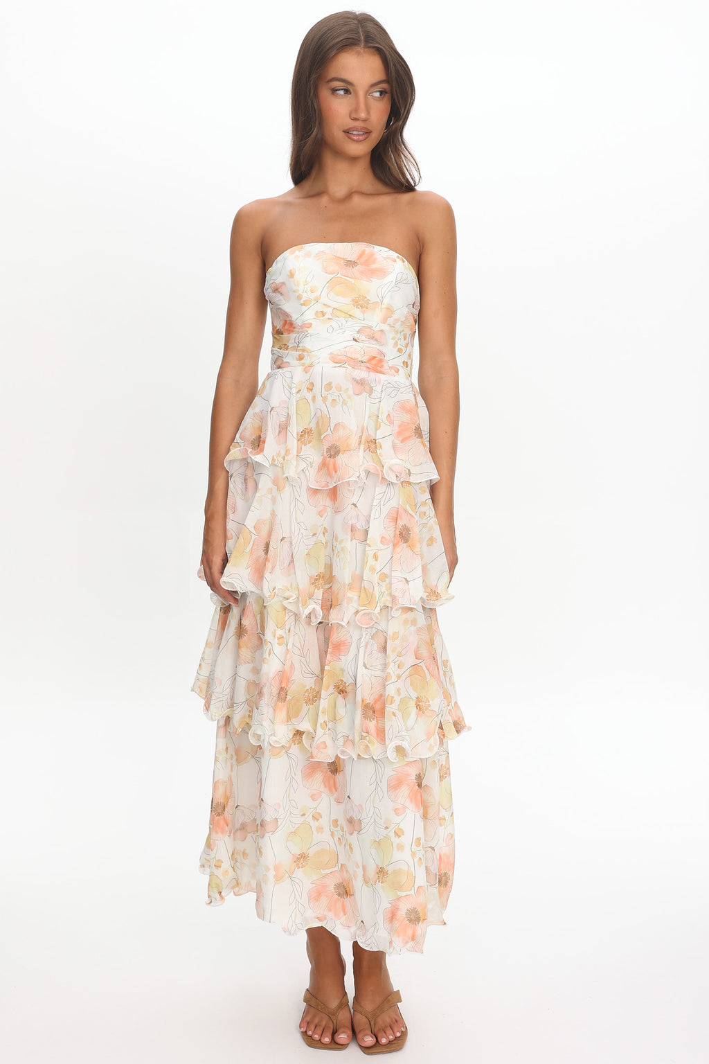 Giavana Strapless Layered Midi Dress Floral Beige by Selfie Leslie Australia