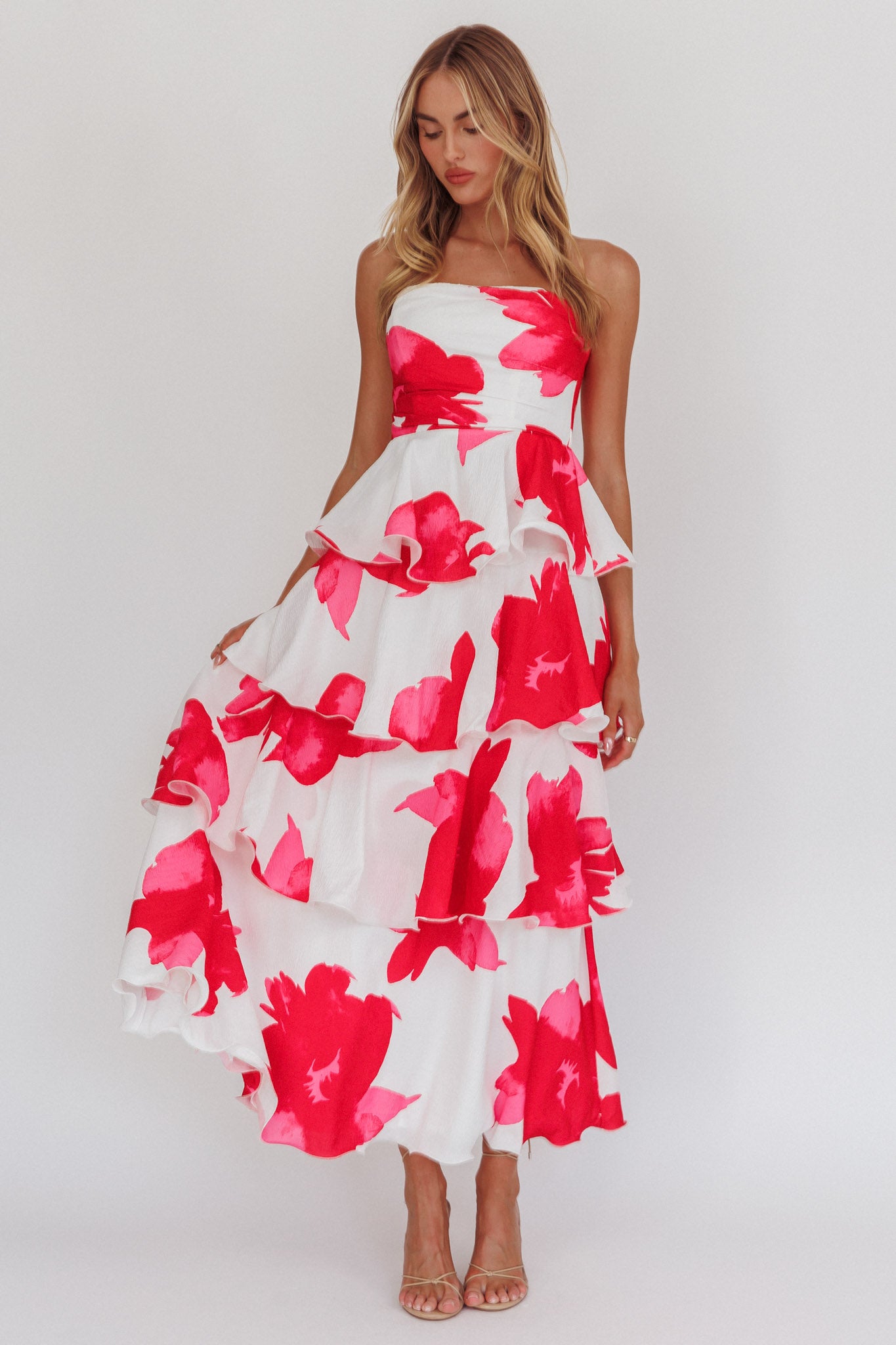 Giavana Strapless Layered Midi Dress Floral Red by Selfie Leslie Australia