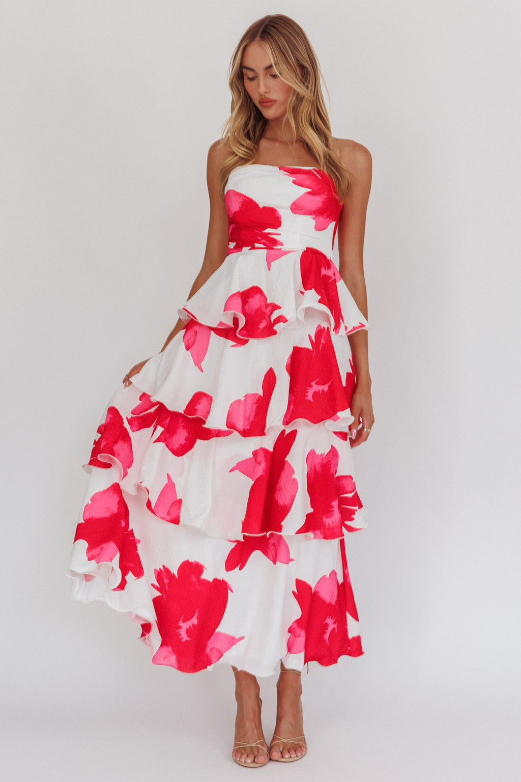 Giavana Strapless Layered Midi Dress Floral Red by Selfie Leslie Australia