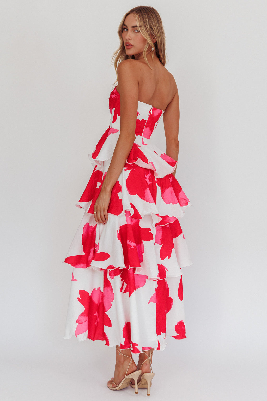 Giavana Strapless Layered Midi Dress Floral Red by Selfie Leslie Australia