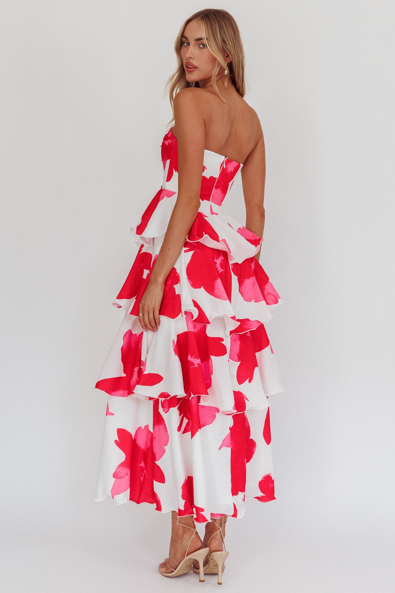 Giavana Strapless Layered Midi Dress Floral Red by Selfie Leslie Australia