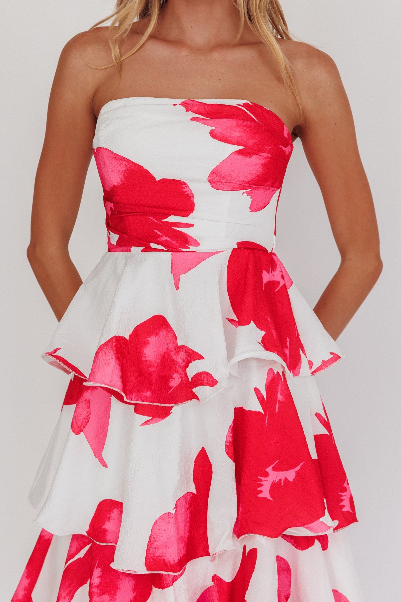 Giavana Strapless Layered Midi Dress Floral Red by Selfie Leslie Australia