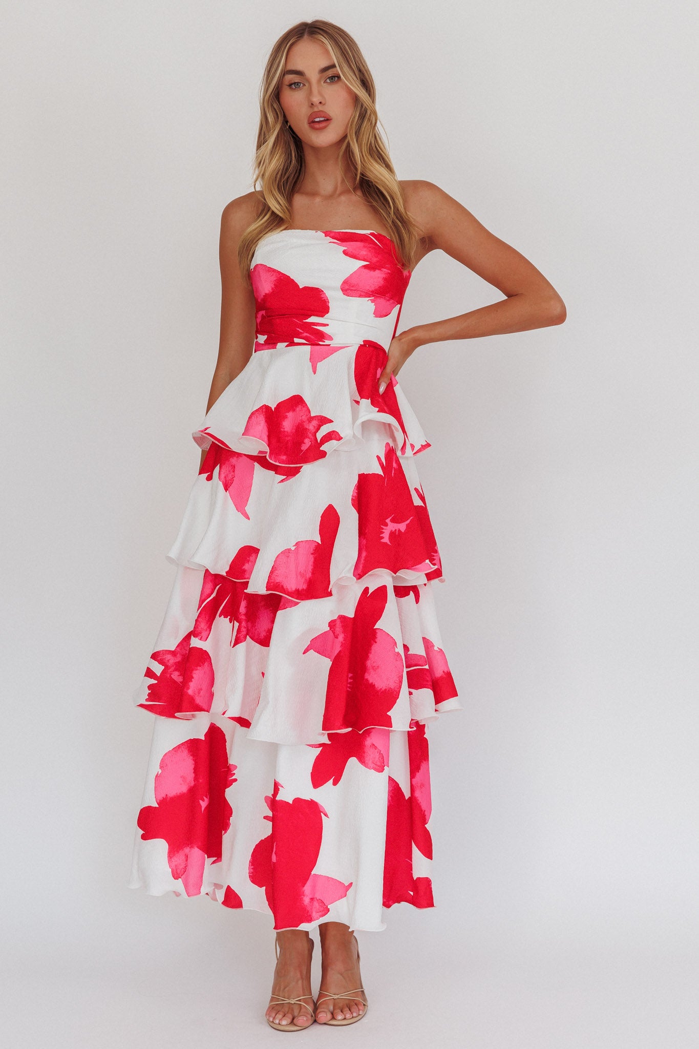 Giavana Strapless Layered Midi Dress Floral Red by Selfie Leslie Australia