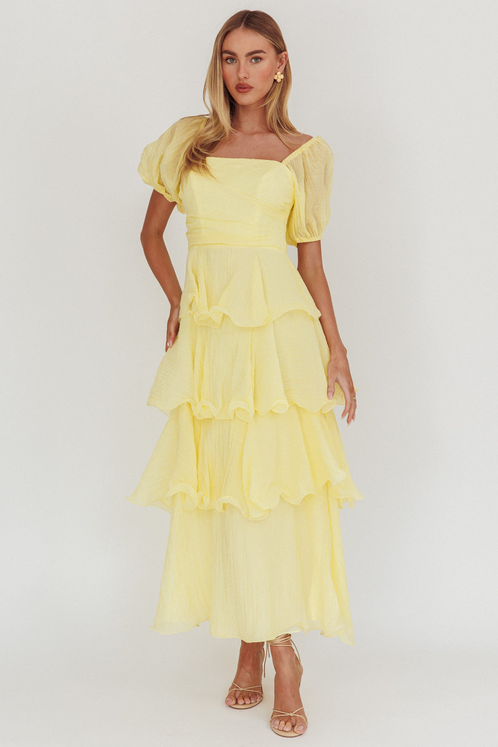 Giavana Puff Sleeve Layered Maxi Dress Lemon by Selfie Leslie Australia