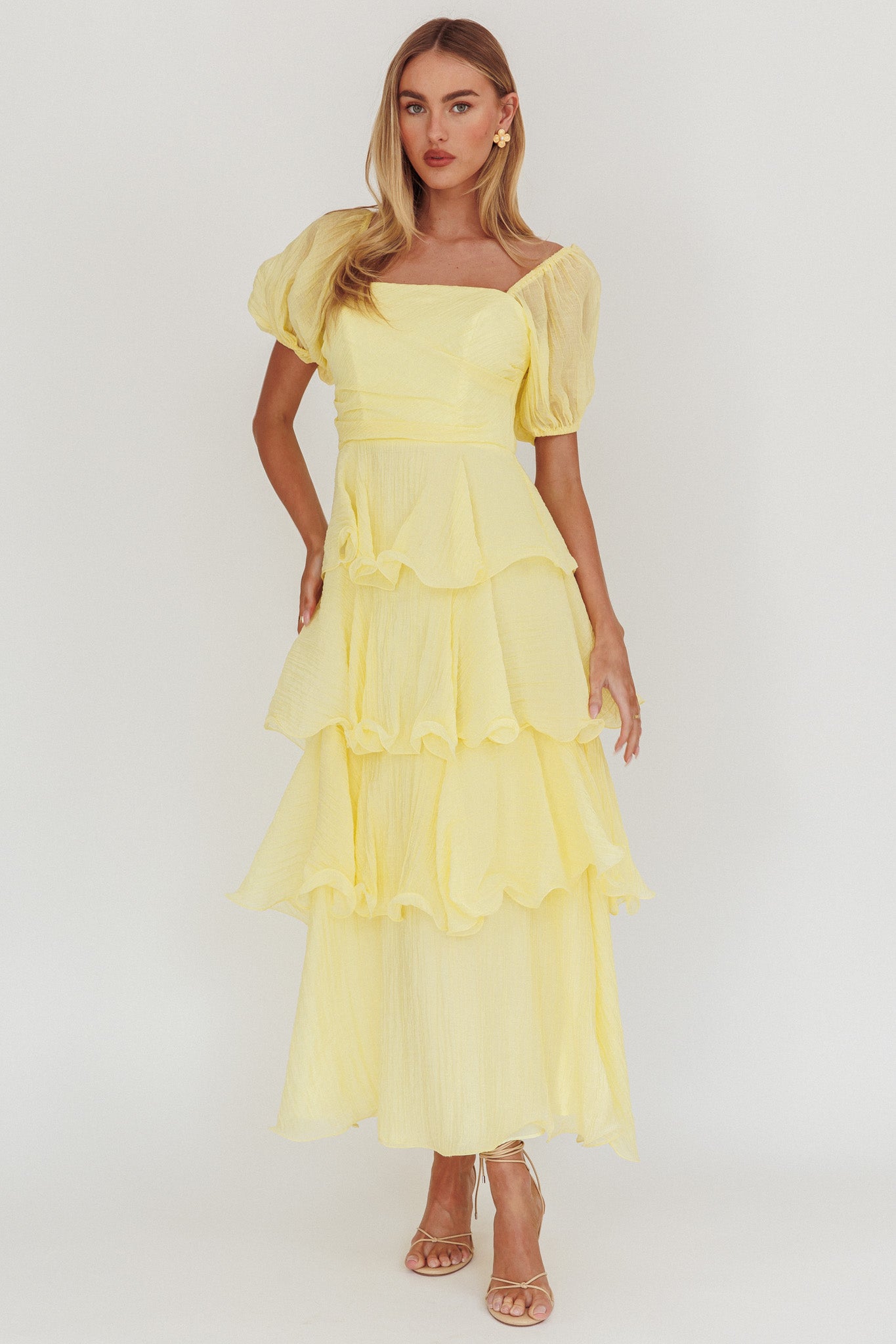 Giavana Puff Sleeve Layered Maxi Dress Lemon by Selfie Leslie Australia