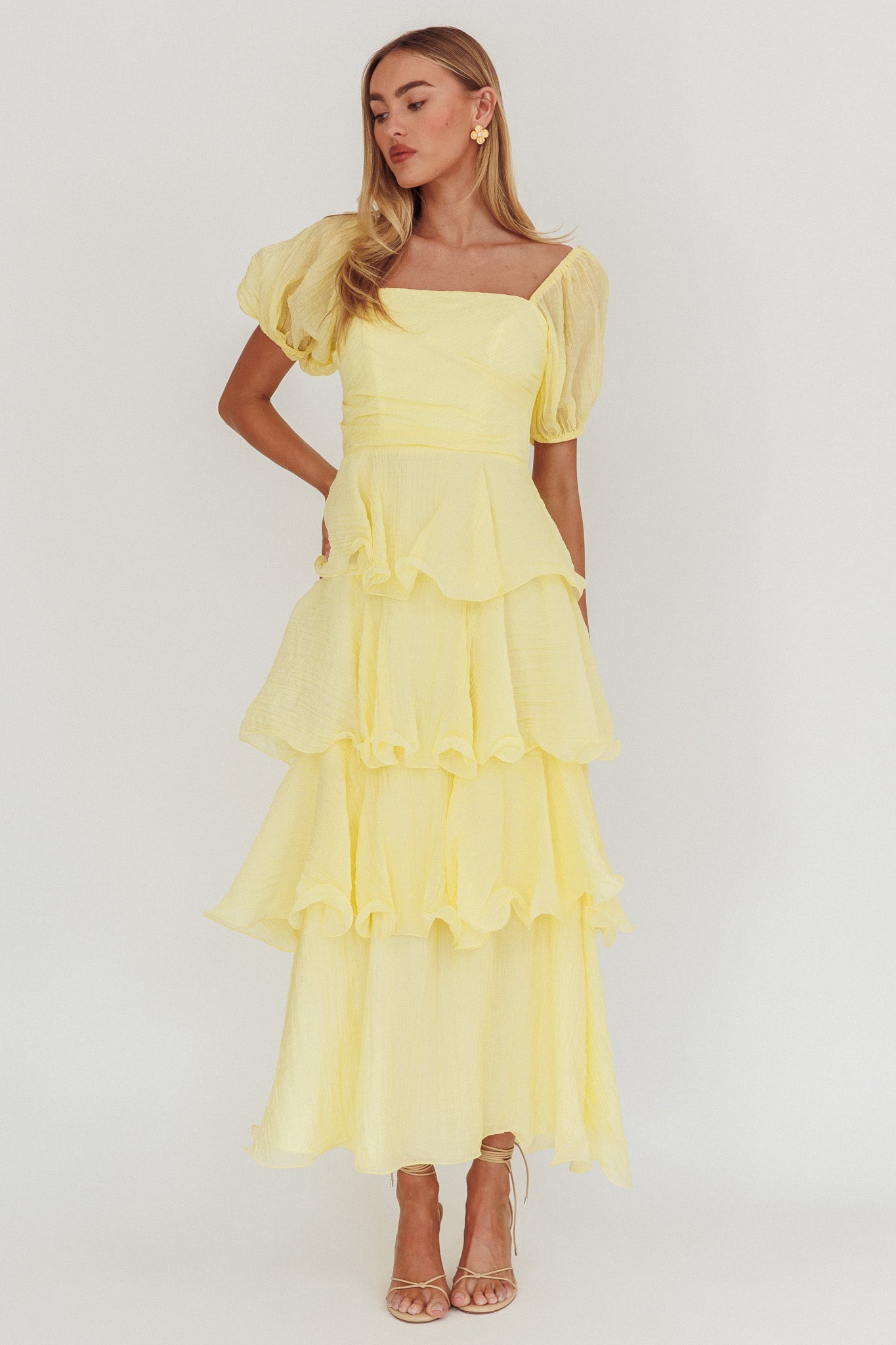 Giavana Puff Sleeve Layered Maxi Dress Lemon by Selfie Leslie Australia