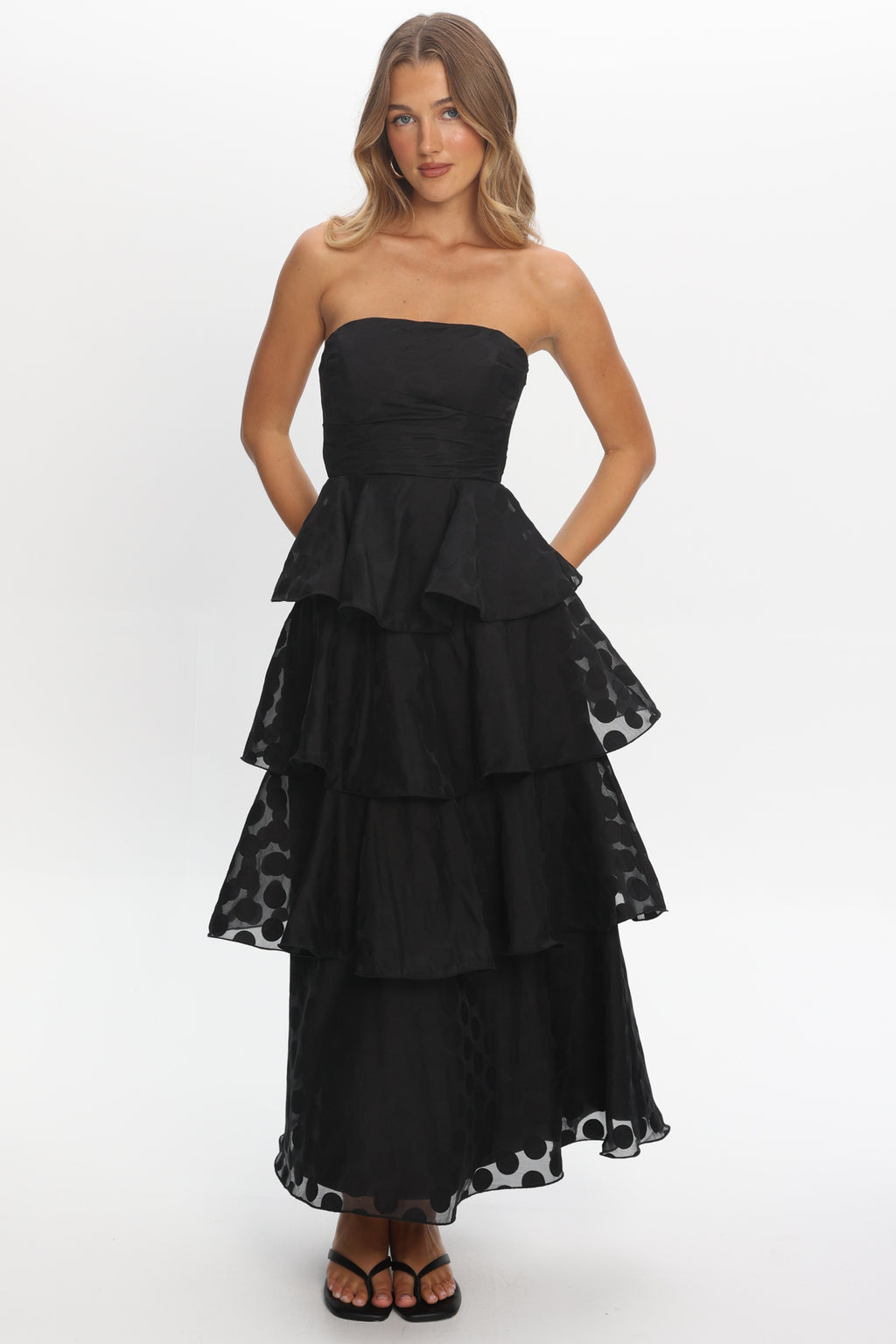 Giavana Strapless Layered Maxi Dress Polka Dot Black