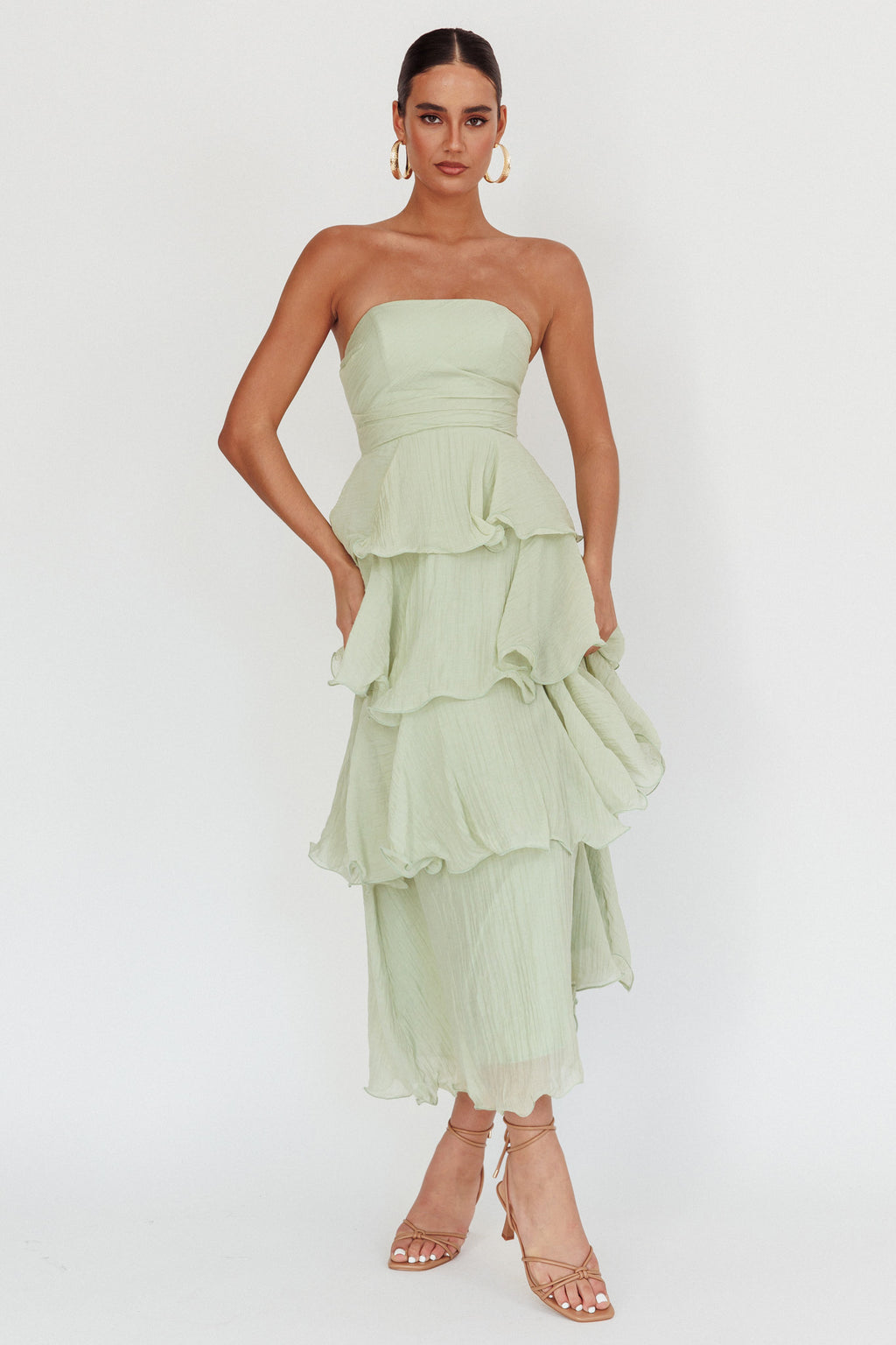 Giavana Strapless Layered Midi Dress Sage by Selfie Leslie Australia