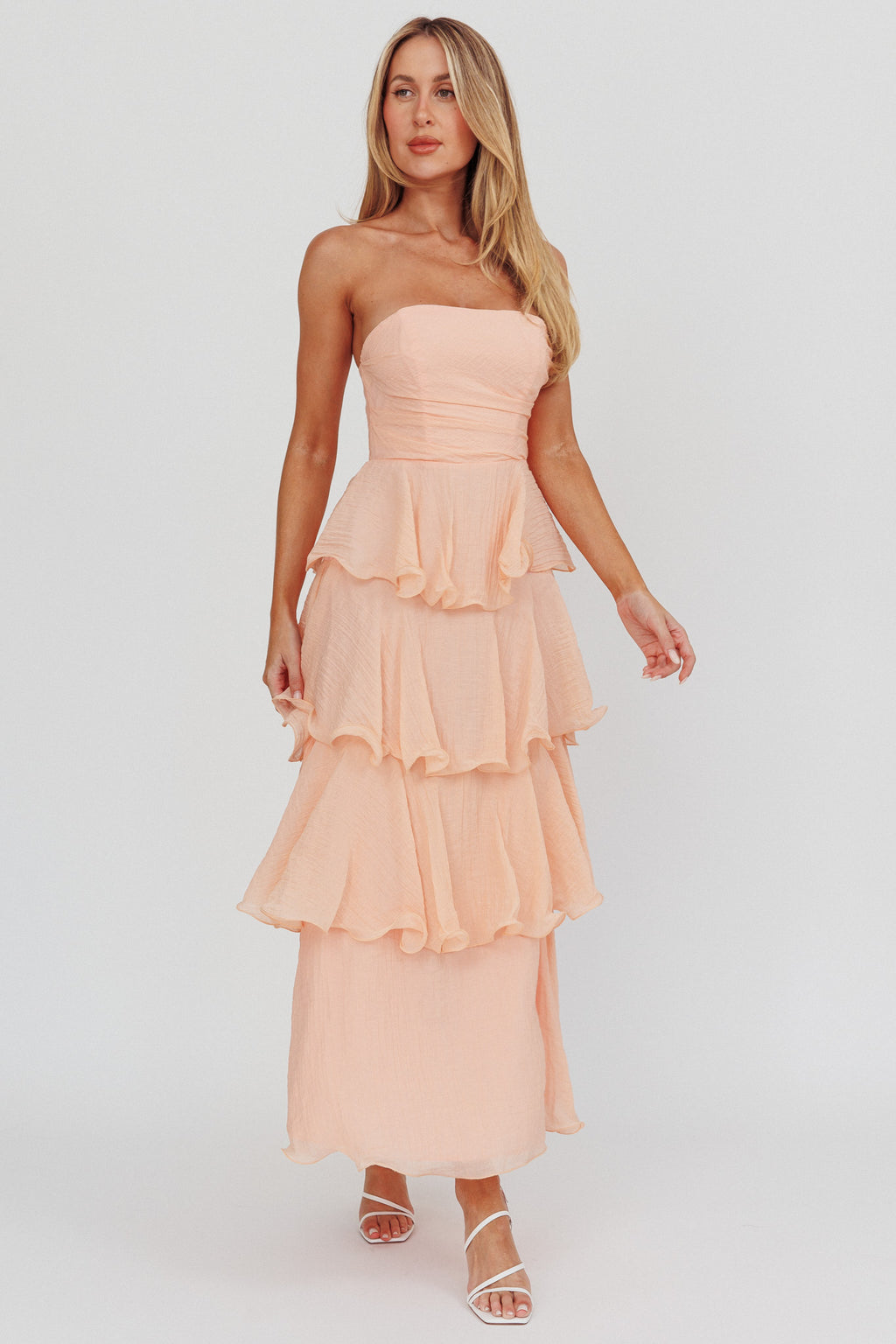 Giavana Strapless Layered Ruffles Midi Dress Blush by Selfie Leslie Australia