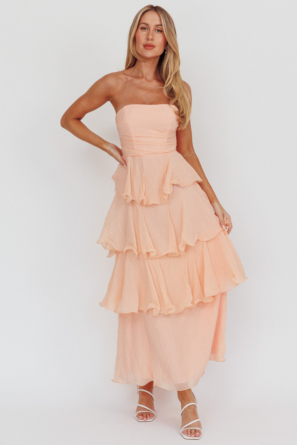 Giavana Strapless Layered Ruffles Midi Dress Blush by Selfie Leslie Australia
