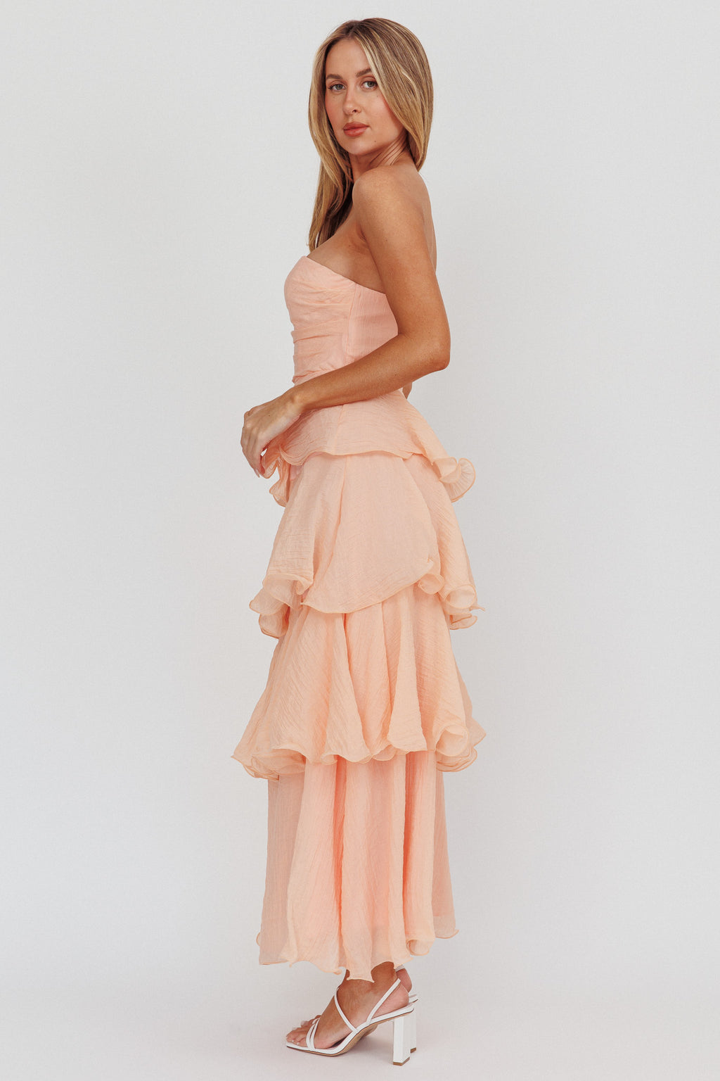 Giavana Strapless Layered Ruffles Midi Dress Blush by Selfie Leslie Australia