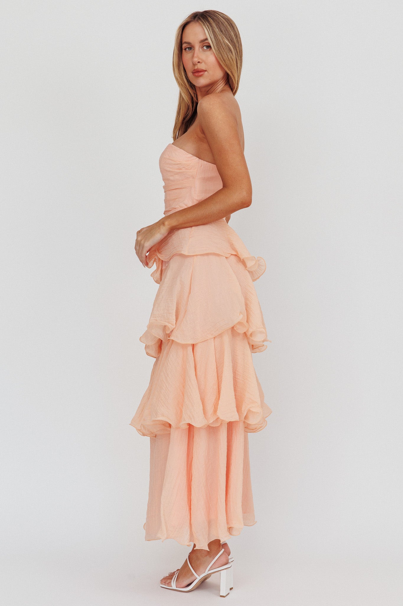 Giavana Strapless Layered Ruffles Midi Dress Blush by Selfie Leslie Australia
