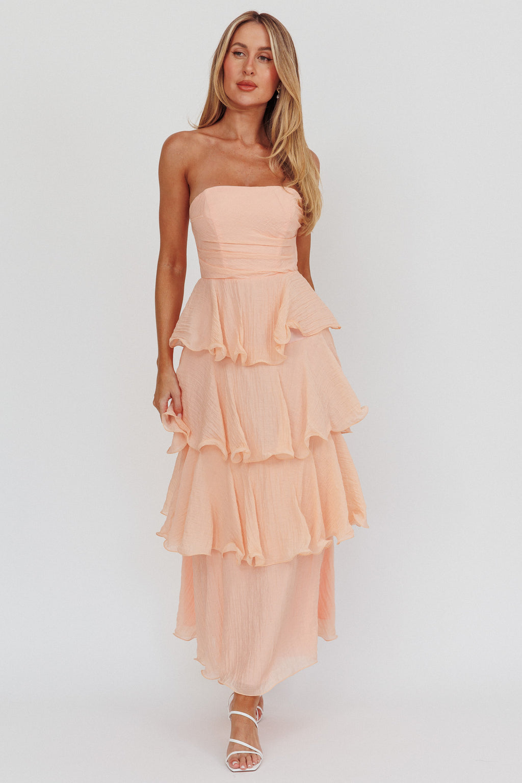 Giavana Strapless Layered Ruffles Midi Dress Blush by Selfie Leslie Australia