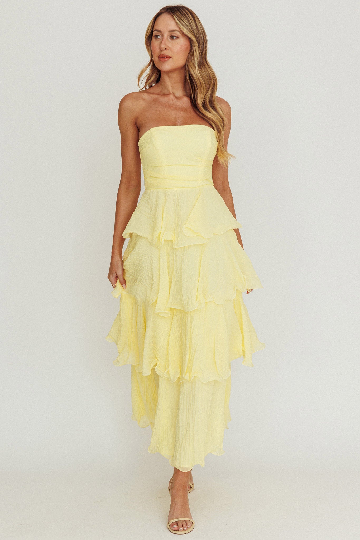 Giavana Strapless Layered Ruffles Midi Dress Lemon by Selfie Leslie Australia