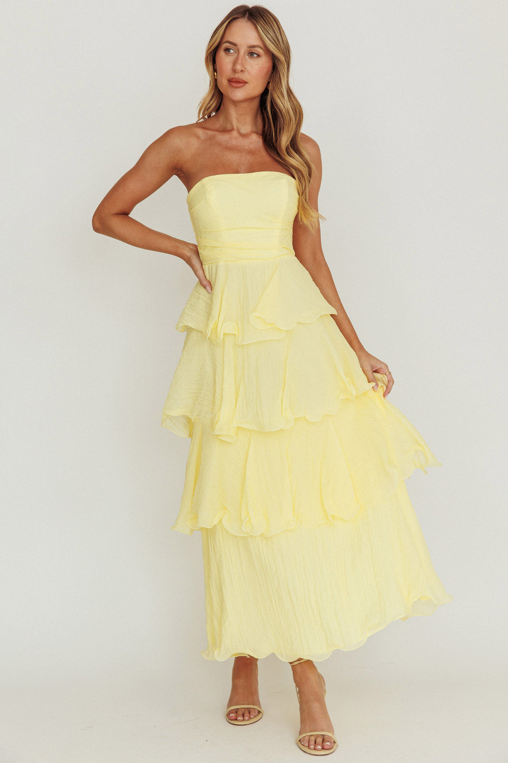 Giavana Strapless Layered Ruffles Midi Dress Lemon by Selfie Leslie Australia